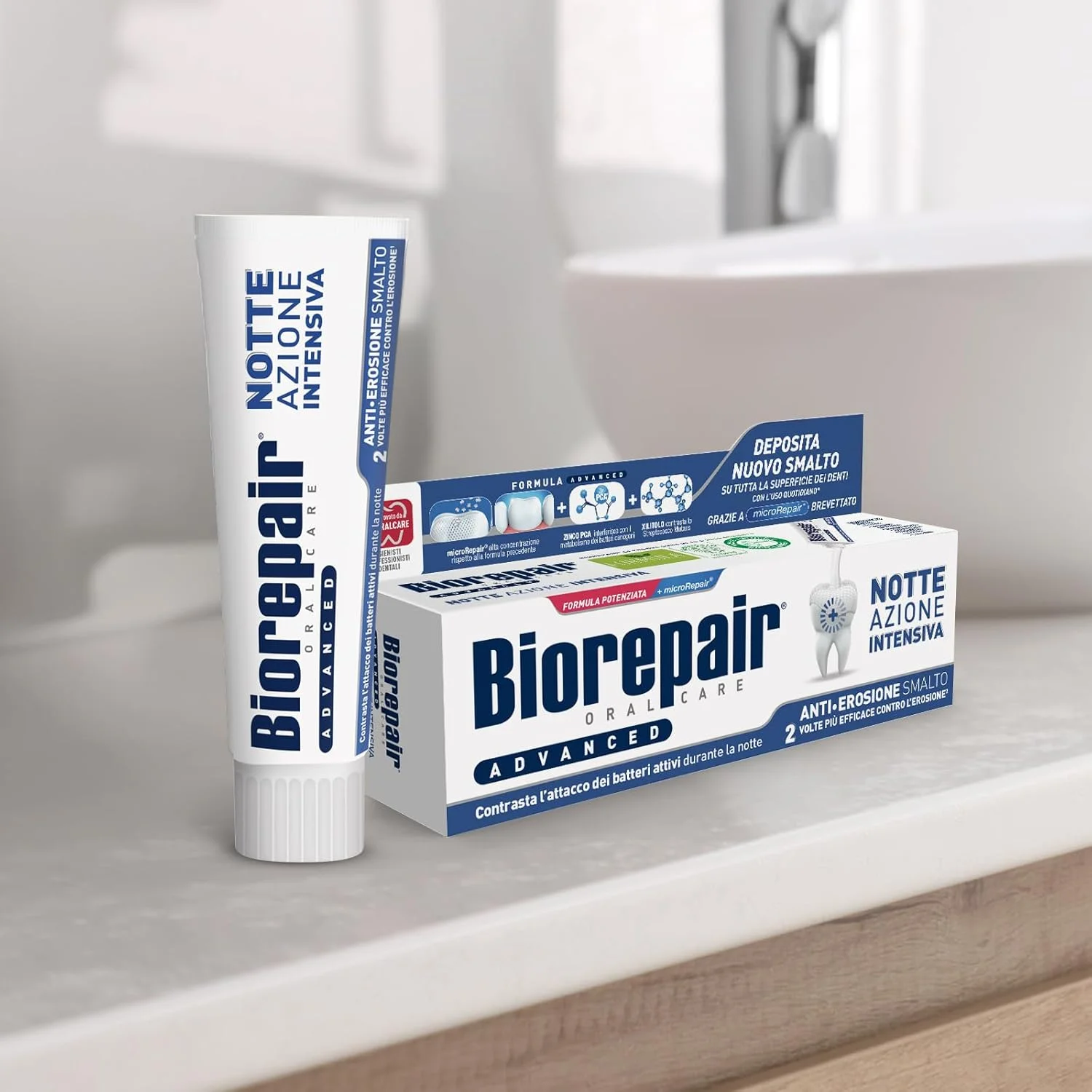 خمیر دندان شب پیشرفته Biorepair، ضد فرسایش قوی، 3 بسته 75 میلی لیتری، محافظت و ترمیم کننده مینای دندان، ضد باکتری، MicroRepair PCA Zinc و Xylitol