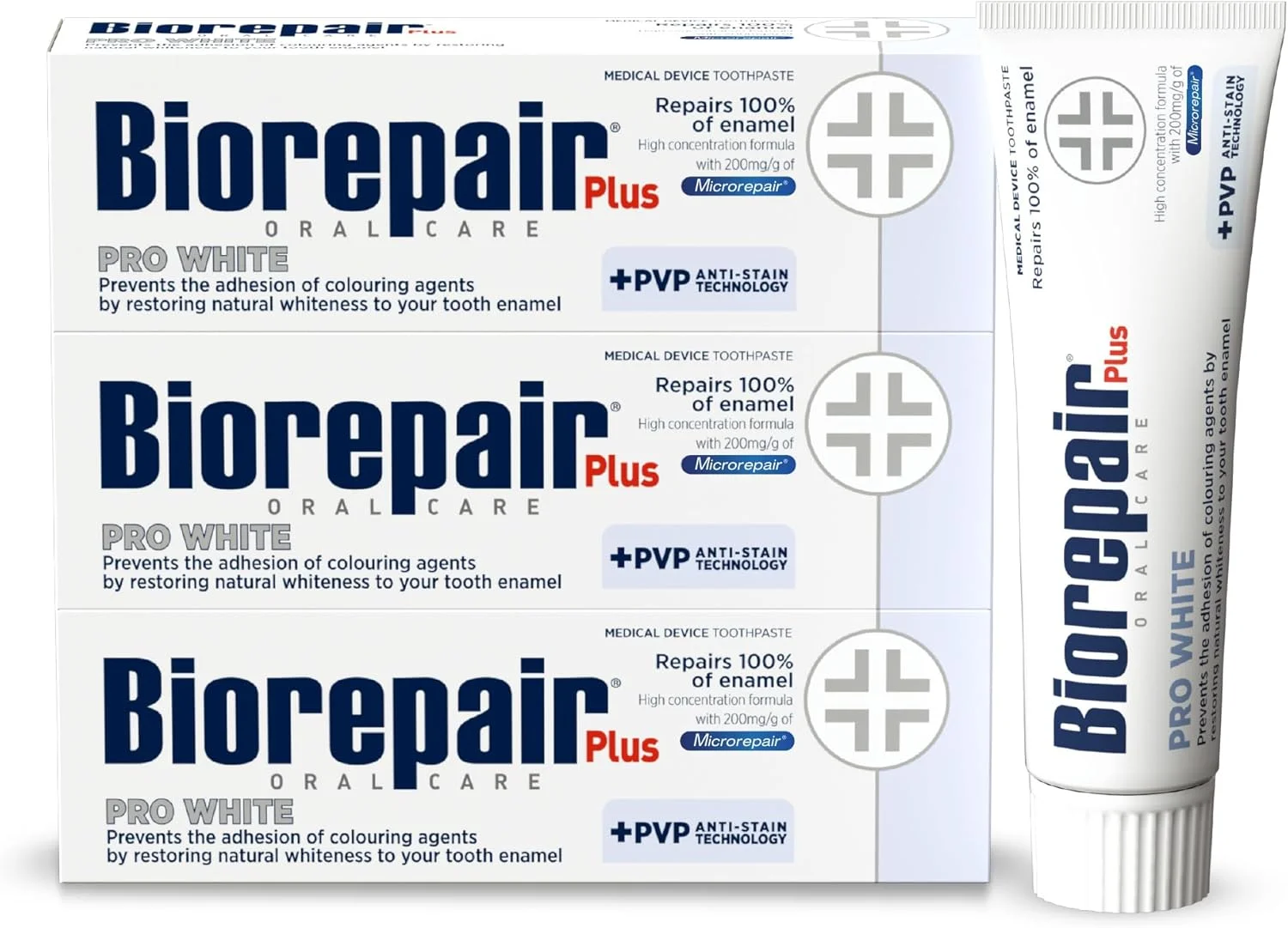 خمیر دندان سفید کننده دندان بایوریپیر پلاس پرو وایت - 200mg/g میکرو ریپیر بدون فلوراید هیدروکسی آپاتیت – جلوگیری از جرم دندان (75ml بسته 3 عددی جدید)