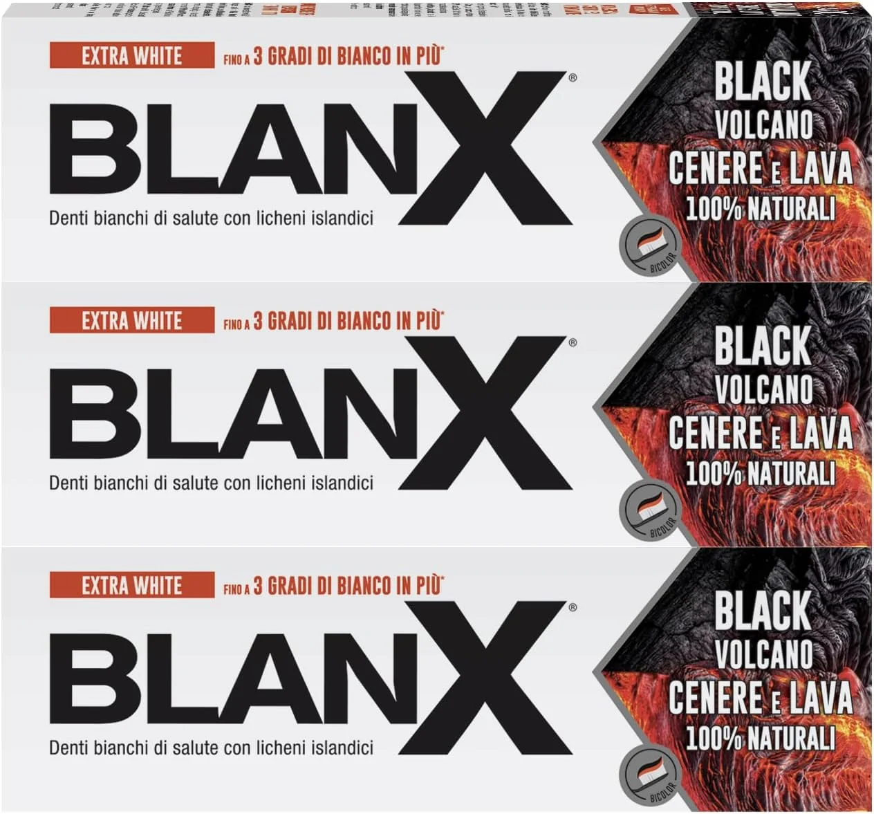 خمیر دندان سفید کننده BlanX Black Volcano با عصاره گلسنگ ایسلندی و خاکستر آتشفشانی، 75 میلی لیتر (بسته 3 عددی)، مناسب برای گیاهخواران و دارای خاصیت ضد باکتری