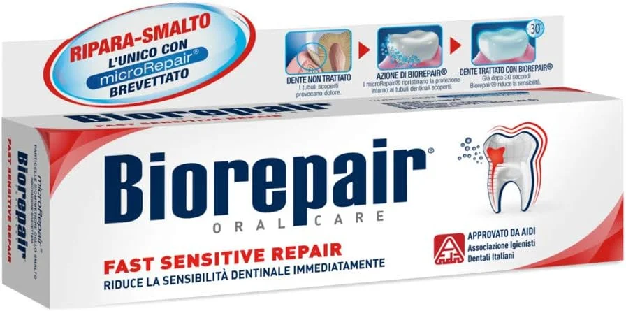 خمیر دندان بایوریپیر مدل Fast Sensitive حجم 75 میلی لیتر، ترمیم کننده مینای دندان آسیب دیده و جلوگیری از تشکیل پلاک و جرم.