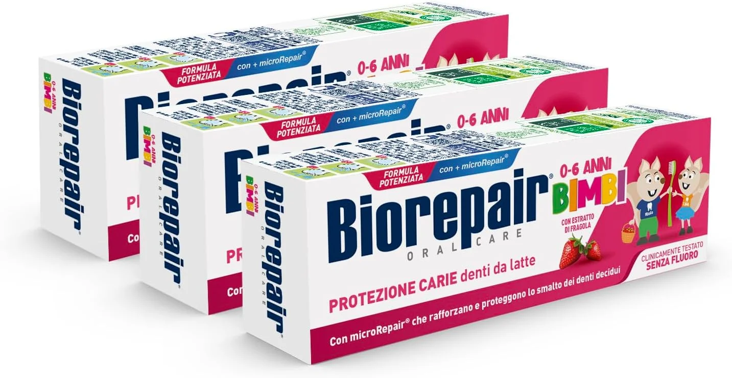 خمیر دندان کودک بایوریپیر مناسب کودکان 0 تا 6 سال، 3 عدد، خمیر دندان کودک بایوریپیر بدون فلوراید، طعم توت فرنگی، ضد پوسیدگی، برای لثه های سالم، 50 میلی لیتر