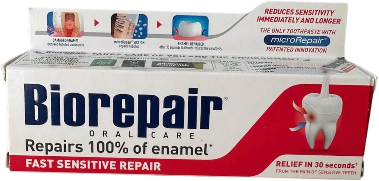 خمیر دندان بایوریپیر فست سنسیتیو 75 میلی لیتر (بسته دو عددی) مینای دندان آسیب دیده را ترمیم می کند و از تشکیل پلاک و جرم جلوگیری می کند.