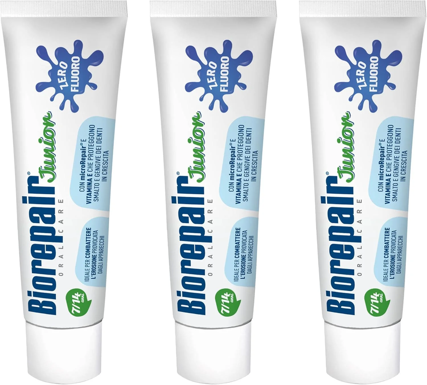 خمیر دندان کودک بایوریپیر مناسب 7 تا 14 سال، بدون فلوراید، با عصاره نعناع - 75 میلی لیتر (بسته 3 عددی) [محصول وارداتی ایتالیا]