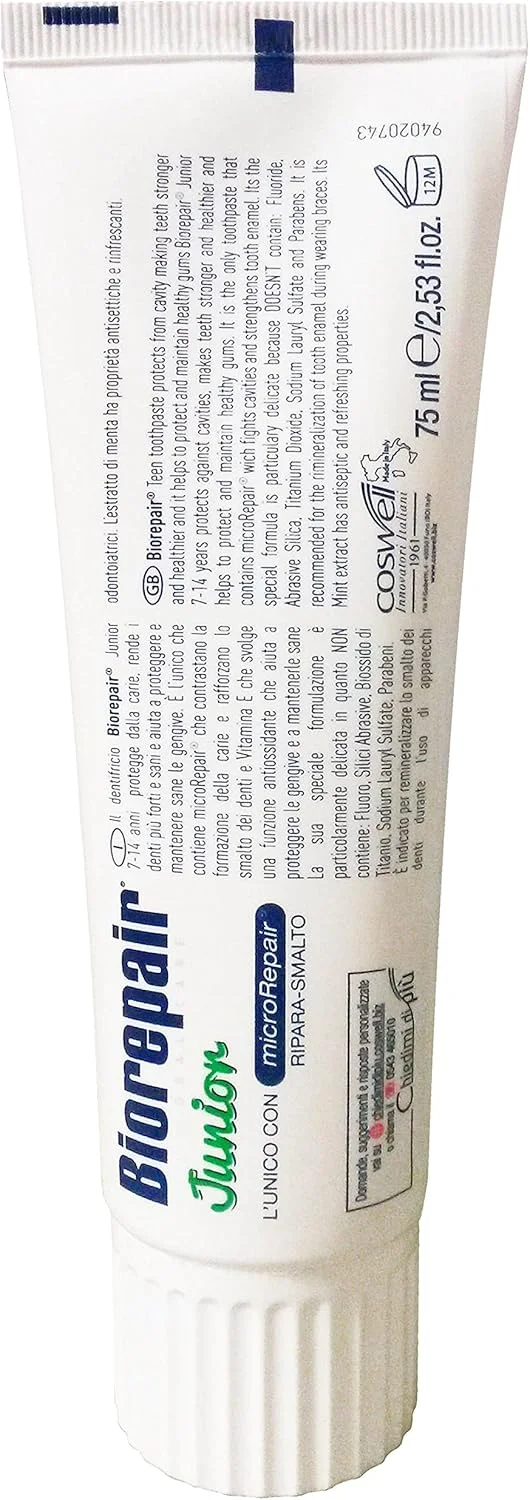 Biorepair: خمیر دندان مراقبت از دهان نوجوانان 7-14 سال، بدون فلوراید، با عصاره نعناع - تیوب 75 میلی لیتری (بسته 4 عددی) [محصول وارداتی ایتالیایی]