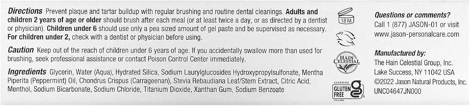 خمیر دندان نعنایی جیسون | برای لثه های سالم و سفید کردن دندان ها | برای لبخندی درخشان و تنفسی تازه | بدون فلوراید | 119 گرم