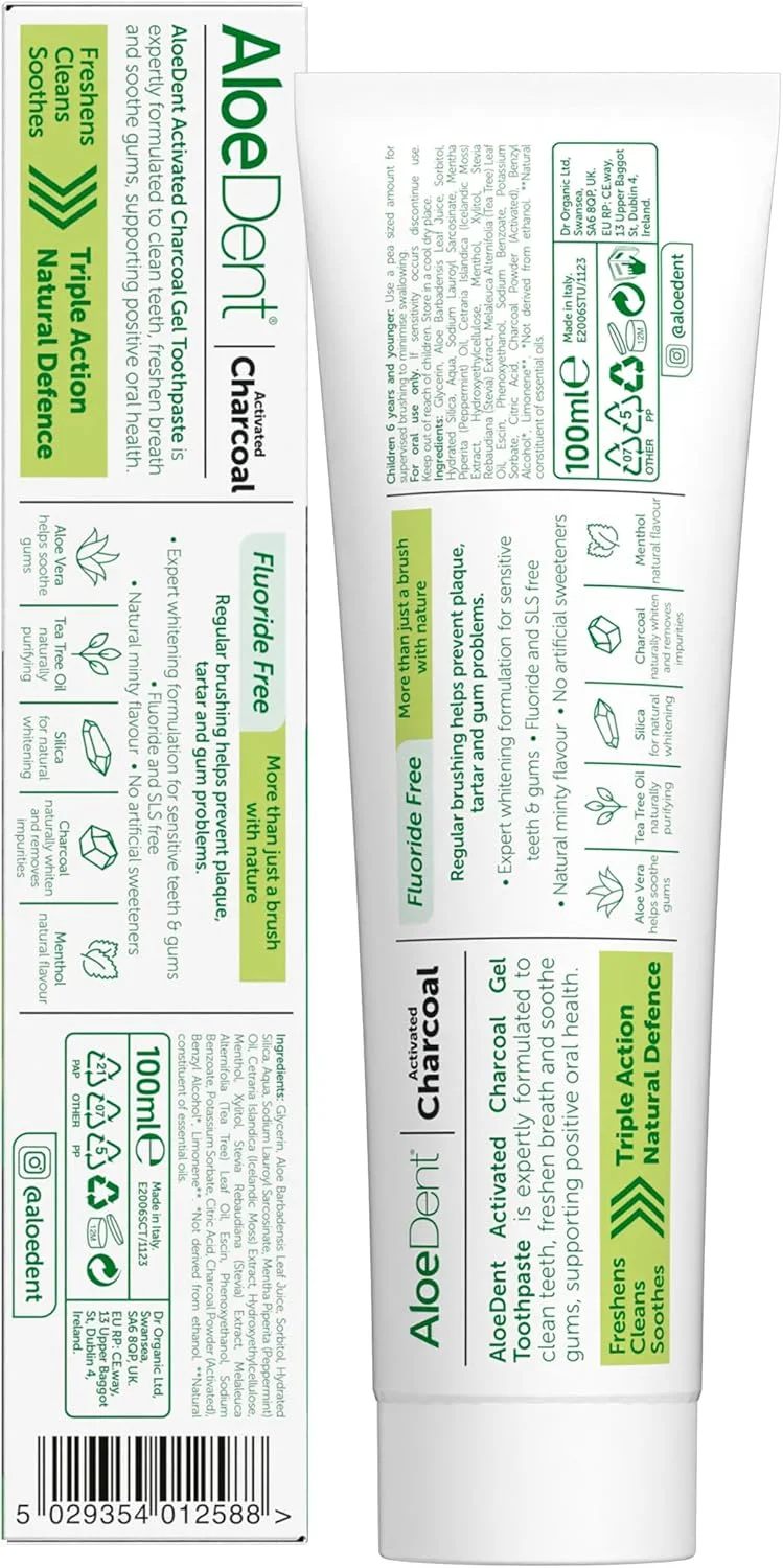 خمیر دندان ذغالی Aloe Dent بدون فلوراید، عملکرد طبیعی، وگان، بدون تست حیوانی، بدون SLS، سفید کننده، لثه های سالم، 100 میلی لیتر