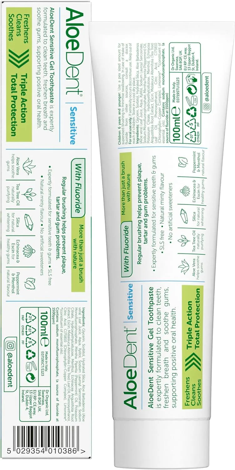 خمیر دندان آلوئه ورا AloeDent مناسب دندان های حساس حاوی فلوراید، عملکرد طبیعی، وگان، بدون تست حیوانی، بدون SLS، تسکین دهنده، لثه های سالم، 100 میلی لیتر، بسته 3 عددی