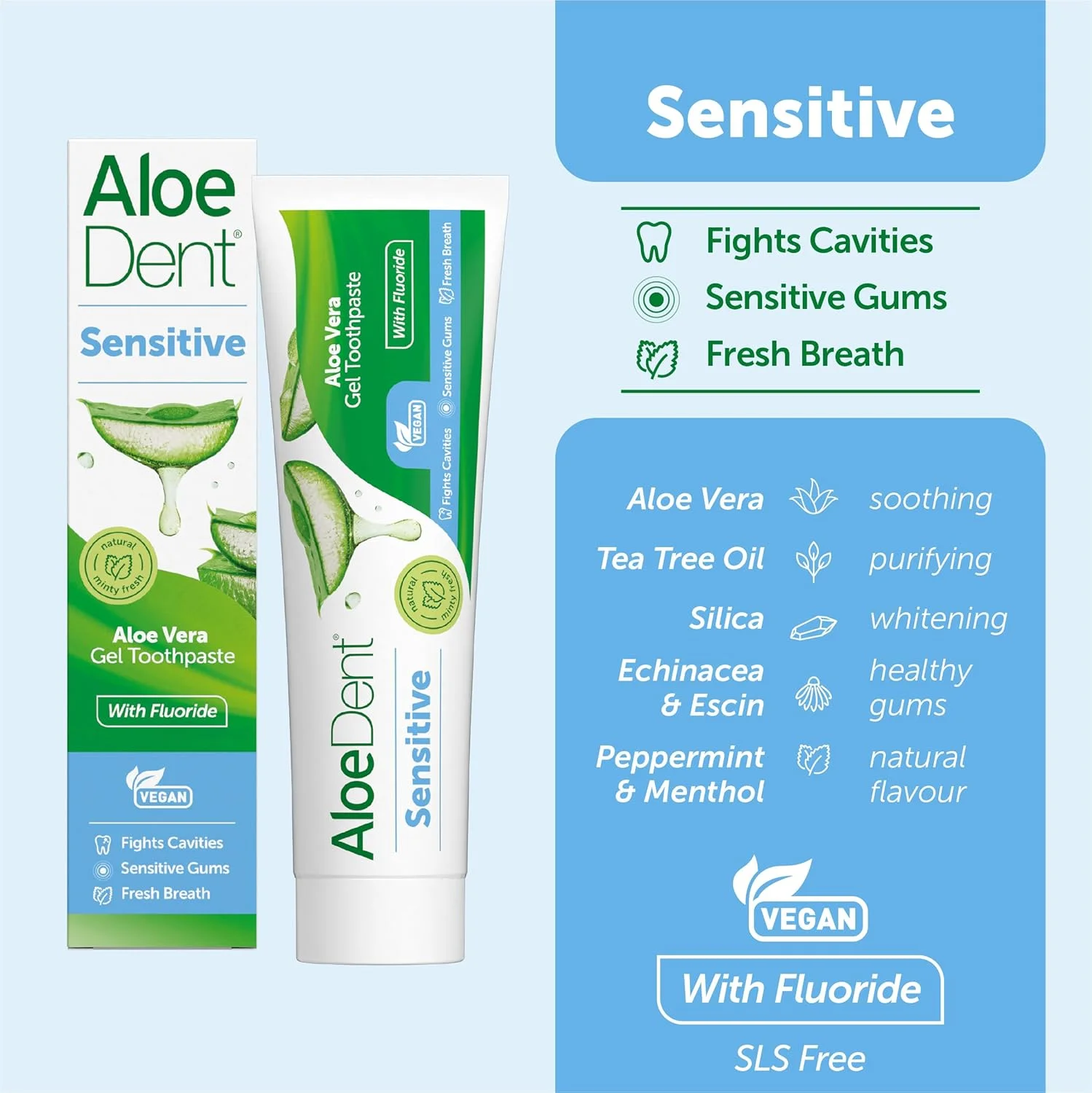 خمیر دندان آلوئه ورا AloeDent مناسب دندان های حساس حاوی فلوراید، عملکرد طبیعی، وگان، بدون تست حیوانی، بدون SLS، تسکین دهنده، لثه های سالم، 100 میلی لیتر، بسته 3 عددی