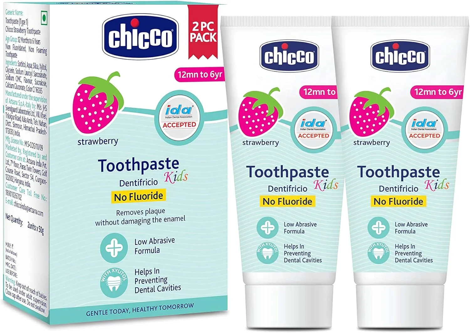 خمیر دندان کودک چیکو، بهترین برای کودکان (1 تا 6 سال)، طعم توت فرنگی، 50 گرم (بسته 2 عددی) | بدون فلوراید و کم ساییدگی | از بین برنده پلاک، کمک به جلوگیری از پوسیدگی