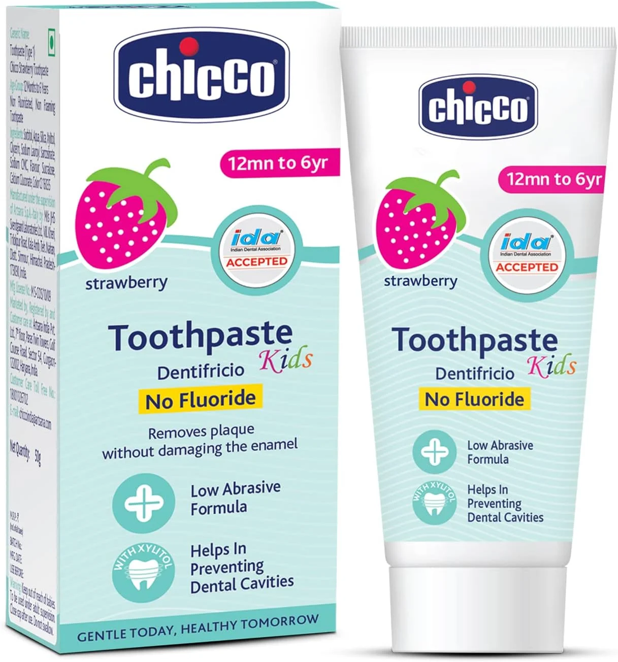 خمیر دندان کودک چیکو، طعم توت فرنگی، مناسب برای کودکان 1 تا 6 سال، 50 گرم | بدون فلوراید و کم ساییدگی | از بین برنده پلاک، کمک به جلوگیری از پوسیدگی | مورد تایید IDA