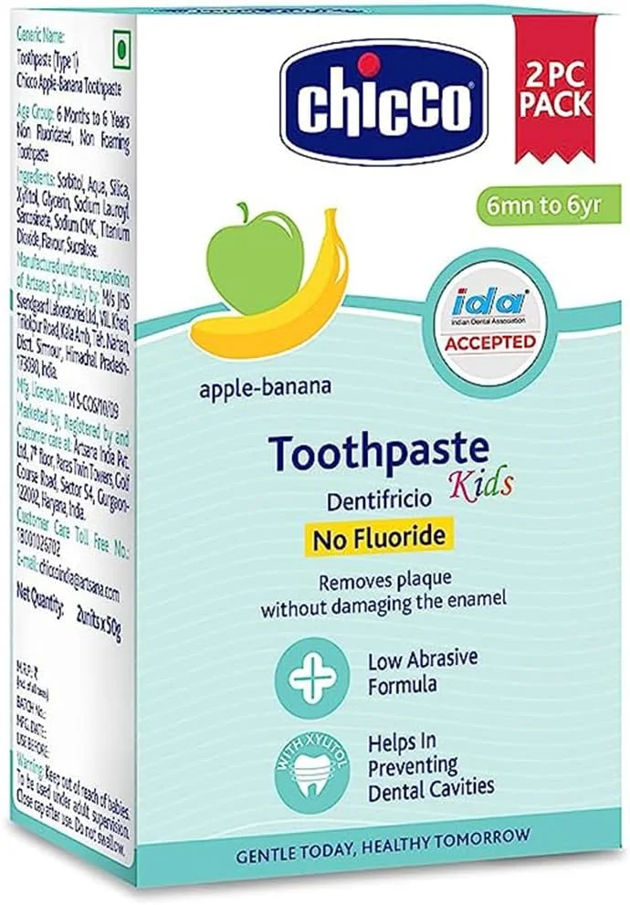خمیر دندان کودک چیکو، بهترین برای نوزاد (۶ ماه تا ۶ سال)، طعم سیب-موز، ۵۰ گرم (بسته ۲ عددی) | بدون فلوراید و کم ساییدگی | از بین برنده پلاک، کمک به جلوگیری از پوسیدگی | مورد تایید IDA