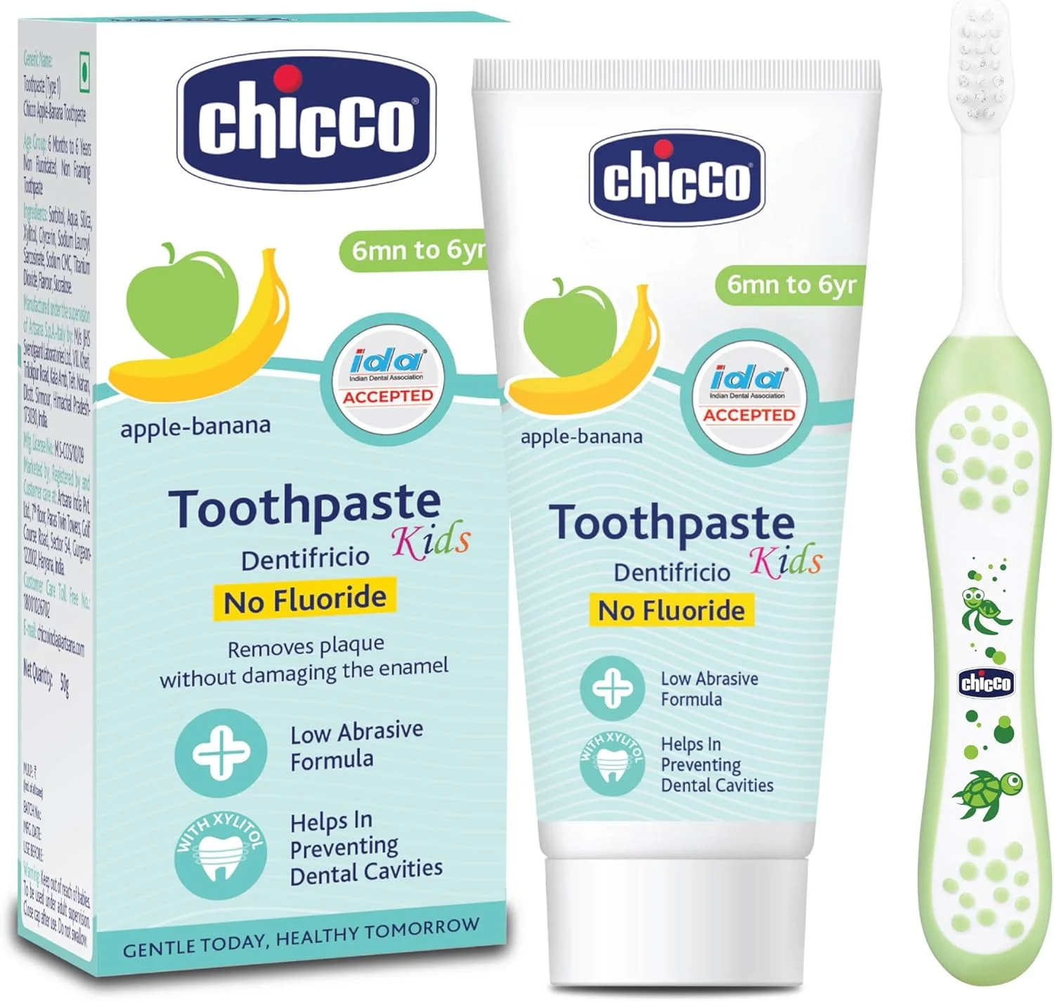 خمیر دندان چیکو با طعم سیب و موز + مسواک چیکو سبز مناسب 6 تا 36 ماه