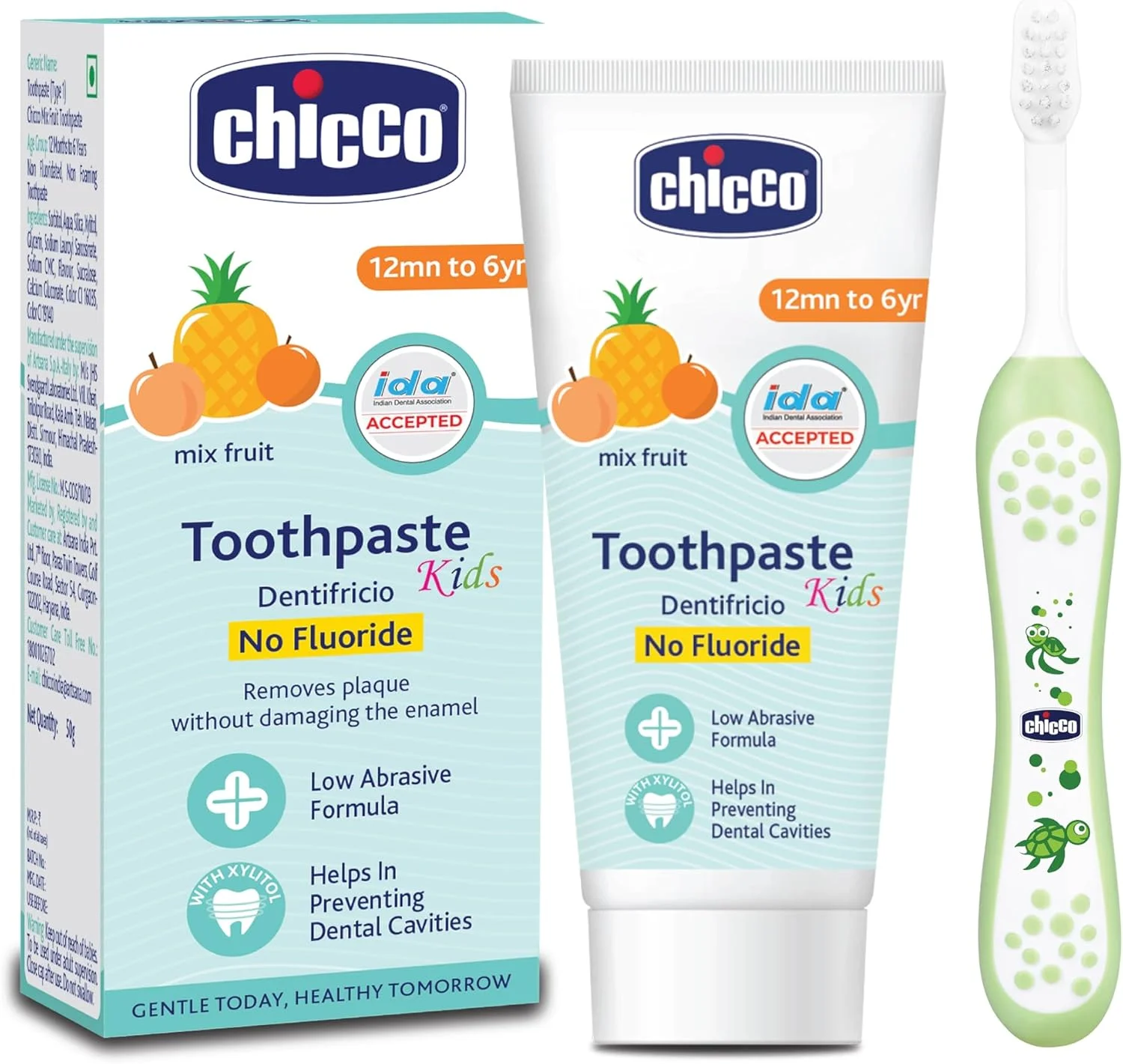 خمیر دندان کودک چیکو با طعم میوه های مخلوط + مسواک سبز مناسب 6 تا 36 ماه، محافظت از دندان