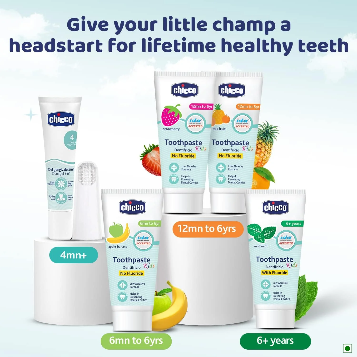 خمیر دندان کودک چیکو با طعم میوه های مخلوط + مسواک سبز مناسب 6 تا 36 ماه، محافظت از دندان
