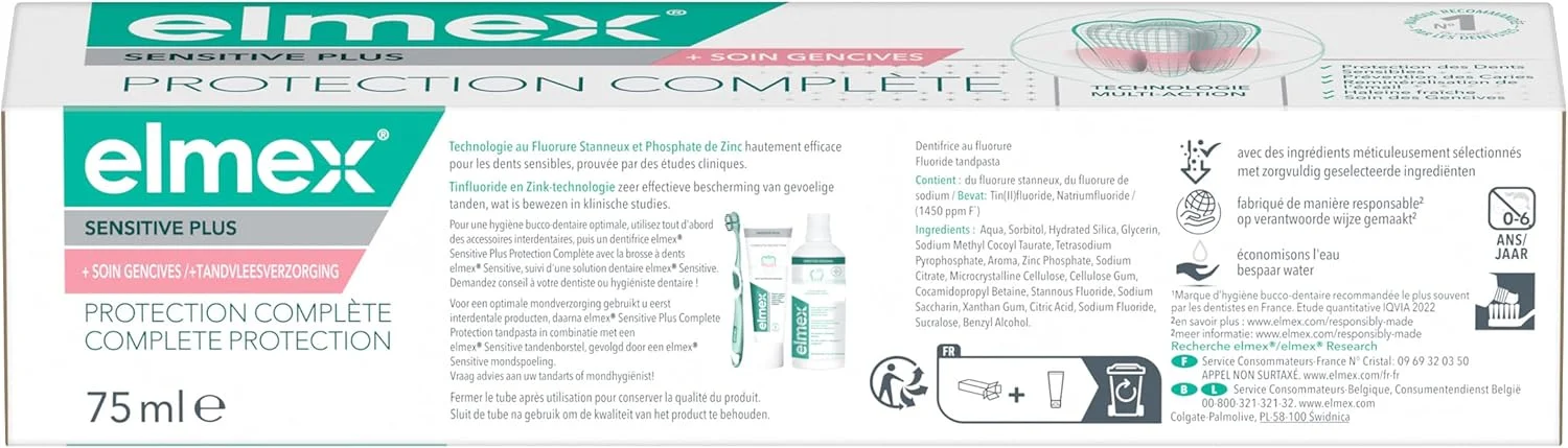 خمیر دندان محافظ کامل دندان های حساس Elmex Sensitive Plus حجم 75 میلی لیتر، محافظت در برابر دندان های حساس و تحریک لثه، معدنی سازی مجدد مینای دندان، جرم خمیر دندان محافظ کامل دندان های حساس Elmex Sensitive Plus حجم 75 میلی لیتر، محافظت در برابر دندان های حساس و تحریک لثه، معدنی سازی مجدد مینای دندان، جرم