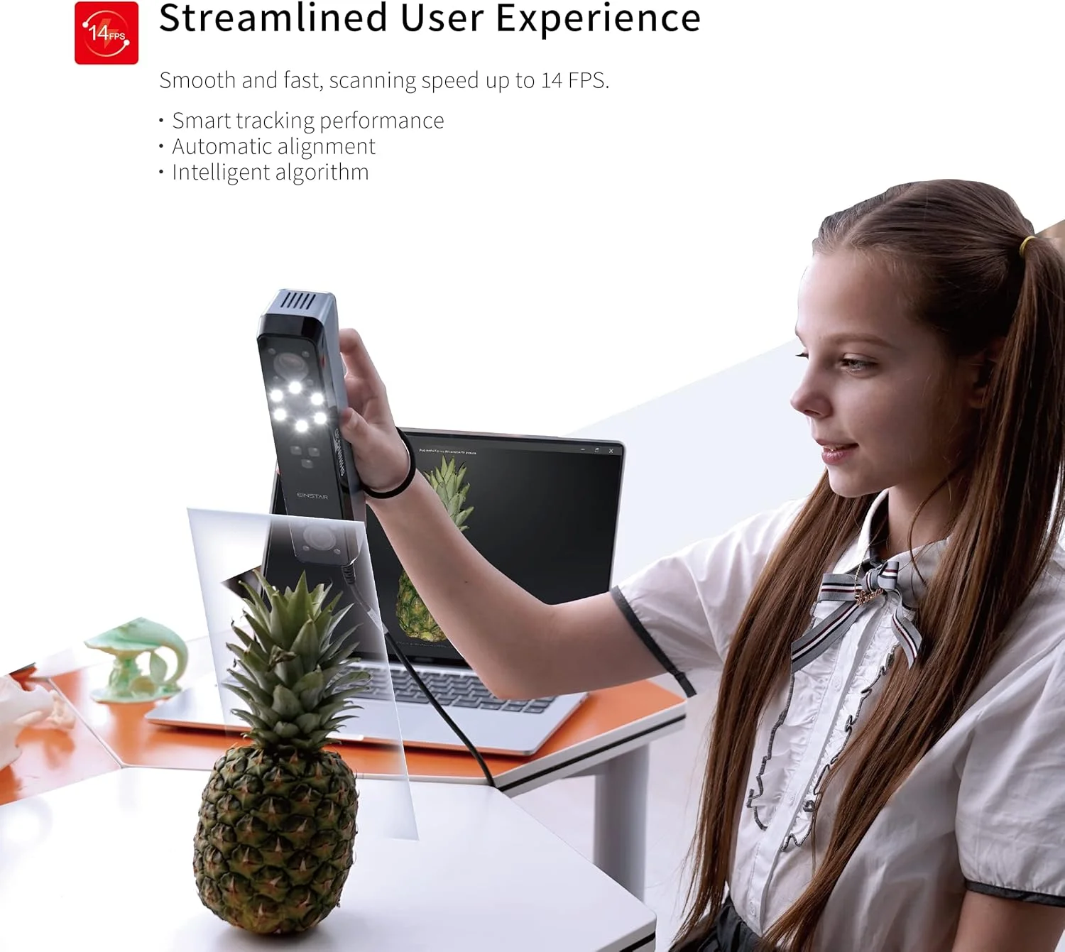 اسکنر سه بعدی دستی Shining 3D Einstar با فناوری پیشرفته جزئیات گرا، پشتیبانی از اسکن مو و بدن، سرعت اسکن تا 14 فریم در ثانیه، اسکنر سه بعدی جمع آوری داده با کیفیت بالا برای چاپگر سه بعدی