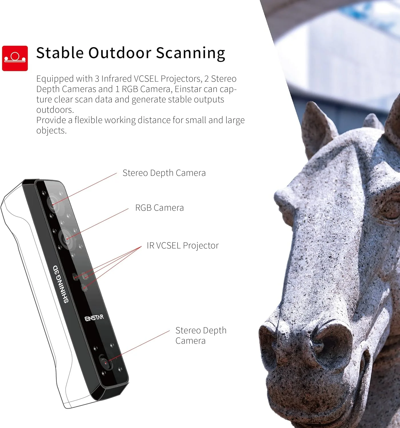 اسکنر سه بعدی دستی Shining 3D Einstar با فناوری پیشرفته جزئیات گرا، پشتیبانی از اسکن مو و بدن، سرعت اسکن تا 14 فریم در ثانیه، اسکنر سه بعدی جمع آوری داده با کیفیت بالا برای چاپگر سه بعدی