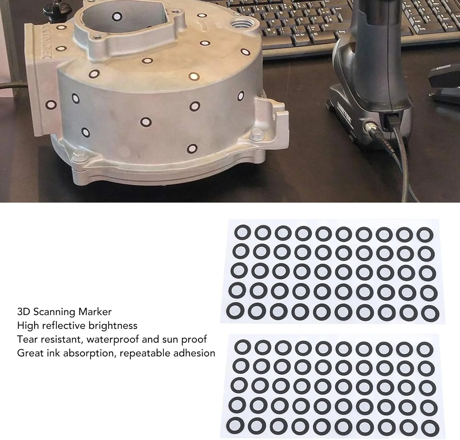 نشانگرهای اسکن سه بعدی برای اسکنر سه بعدی، شناسه 6 میلی‌متر، نقطه مرجع ردیابی سه بعدی با قطر خارجی 10 میلی‌متر، نشانگرهای بازتاب پراکنده برای ردیابی دقیق و اسکن سه بعدی، 10 ورق 500 نقطه