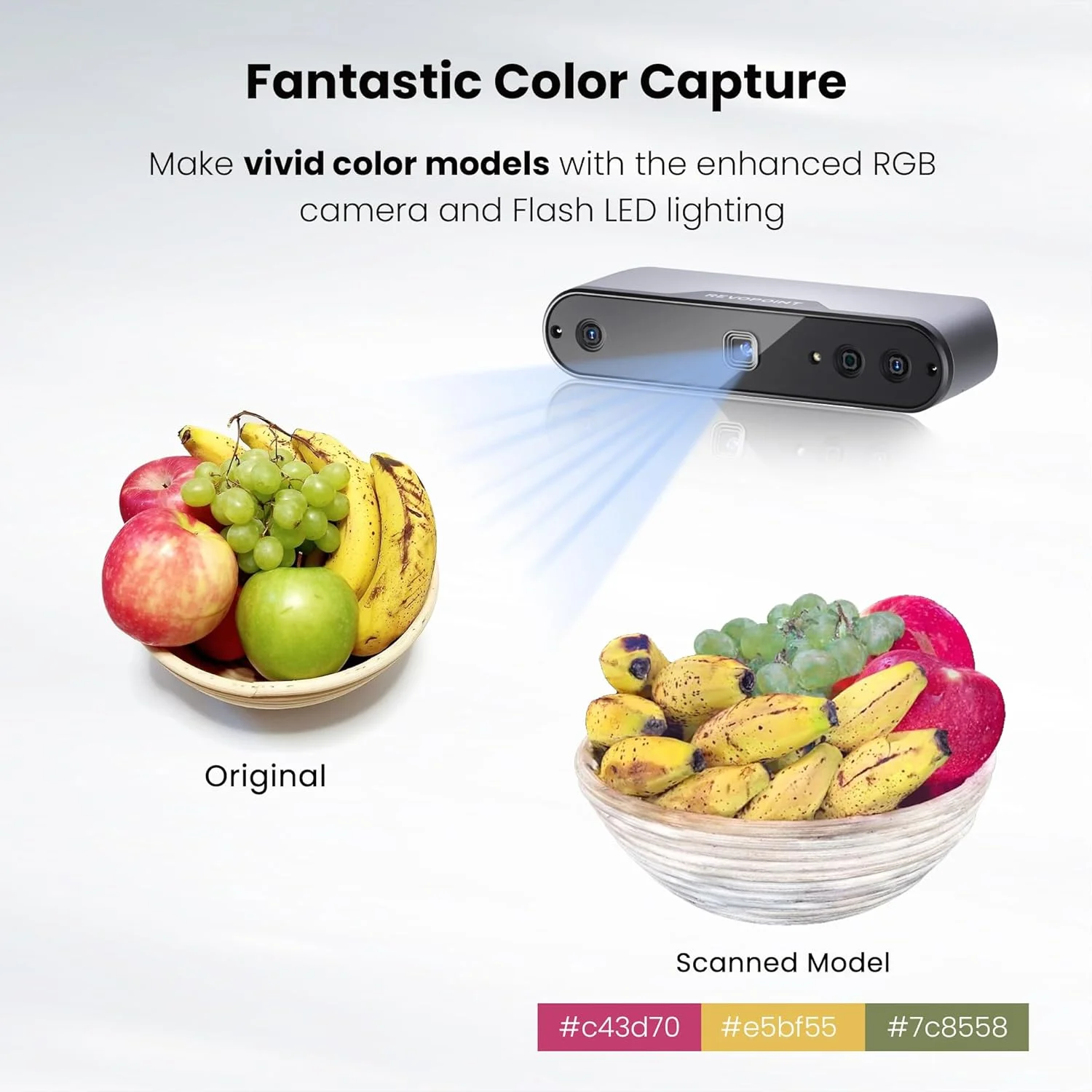 اسکنر سه بعدی Revopoint INSPIRE برای چاپ سه بعدی قابل حمل، اسکنر مدل سه بعدی با سرعت اسکن تا 18 فریم در ثانیه و دقت 0.2 میلی متر، اسکن رنگی کامل سازگار با Android/iOS/Mac/Win