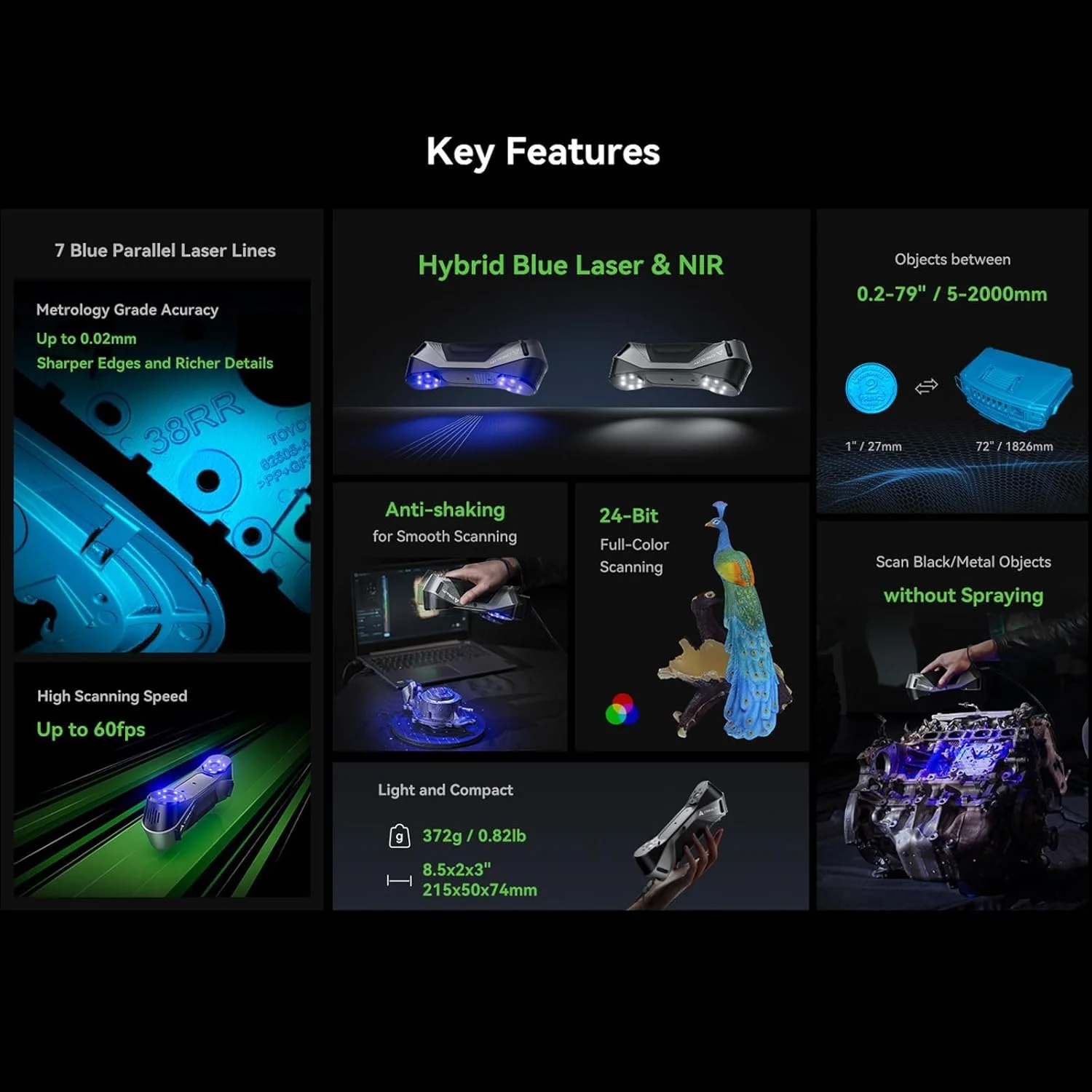 اسکنر سه بعدی Creality CR-Scan Raptor، اسکنر دستی برای پرینترهای سه بعدی با فناوری چند خط آبی و NIR، دقت 0.02 میلی متر، ردیابی ضد لرزش، پشتیبانی از اشیاء از 5 تا 2000 میلی متر برای ویندوز و مک