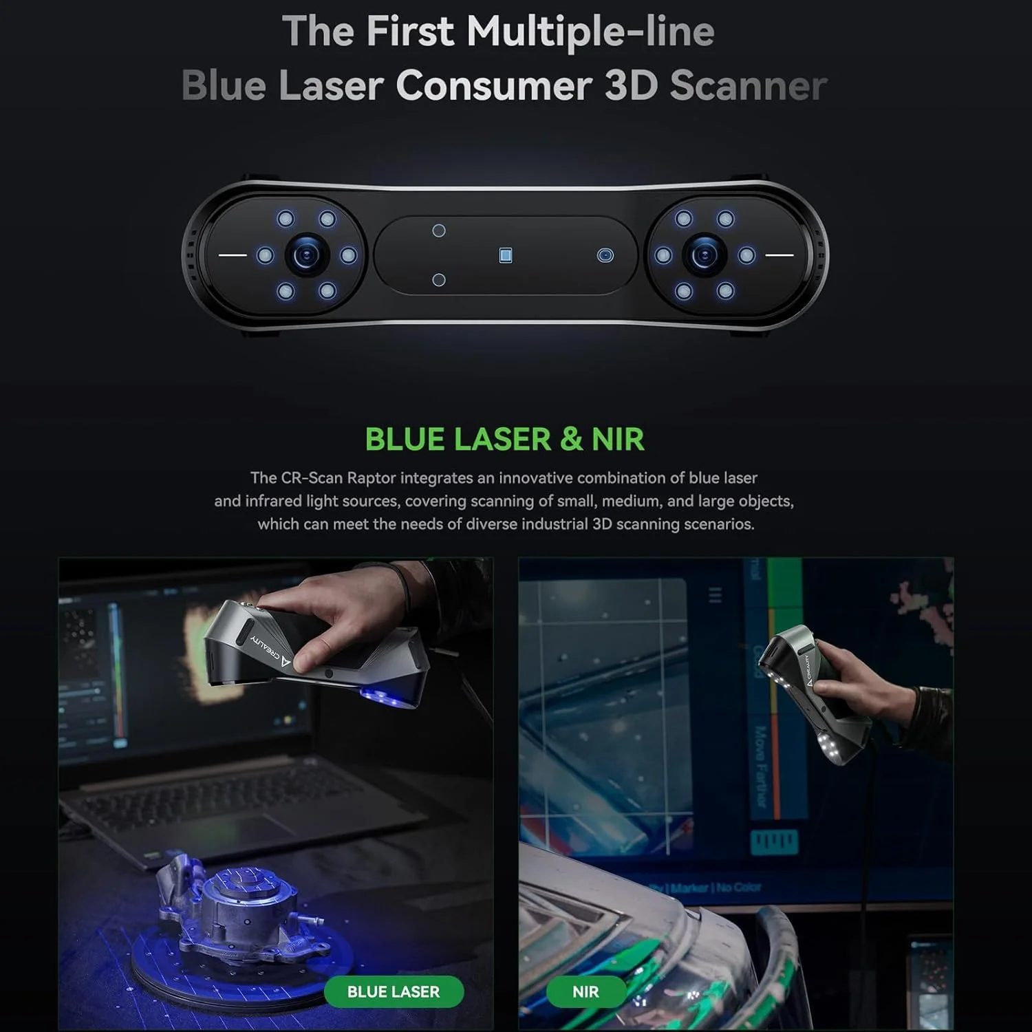اسکنر سه بعدی Creality CR-Scan Raptor، اسکنر دستی برای پرینترهای سه بعدی با فناوری چند خط آبی و NIR، دقت 0.02 میلی متر، ردیابی ضد لرزش، پشتیبانی از اشیاء از 5 تا 2000 میلی متر برای ویندوز و مک