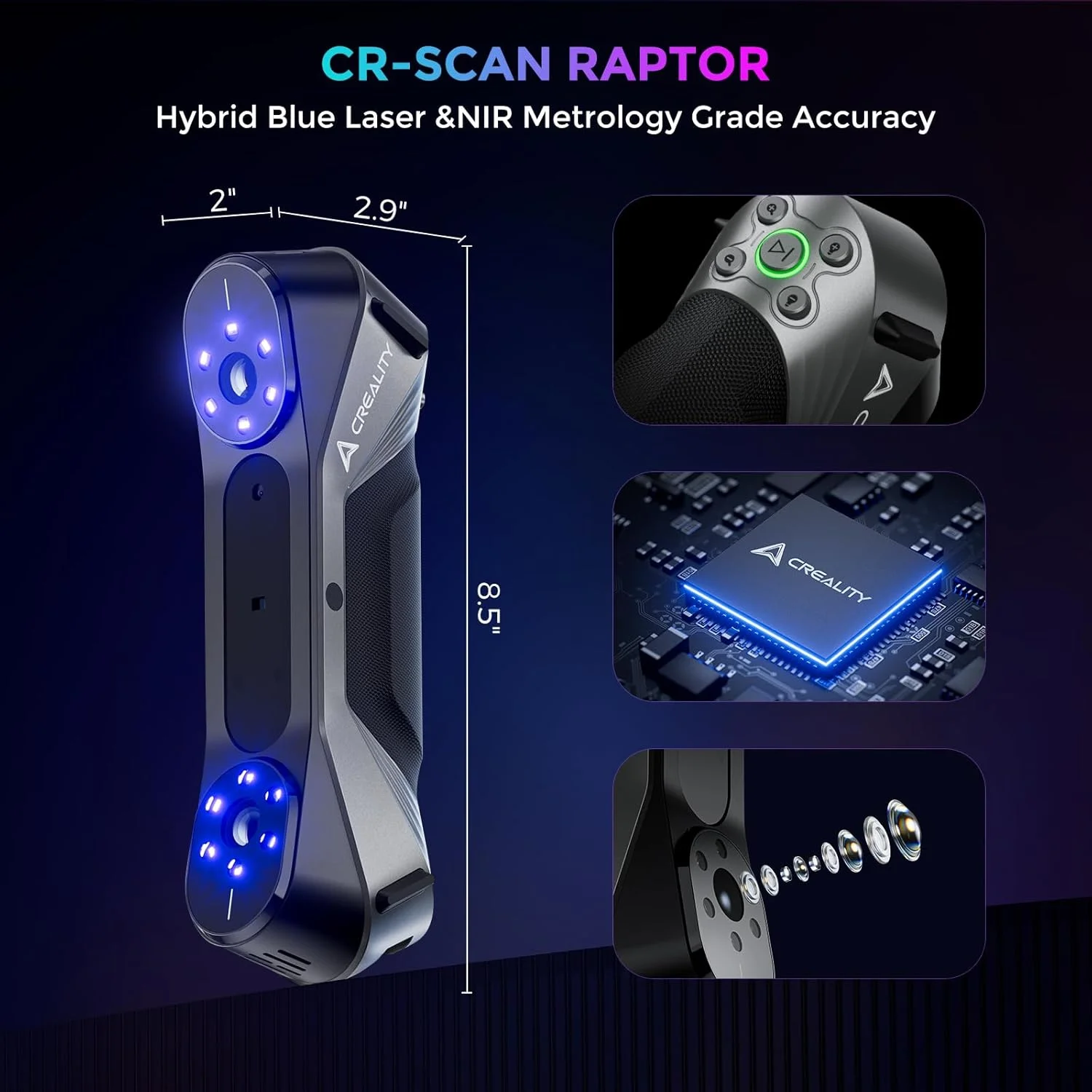 اسکنر سه بعدی Creality CR-Scan Raptor، اسکنر قابل حمل با دقت 0.03 میلی متر، نور آبی صنعتی، ردیابی ضد لرزش تا 60 فریم بر ثانیه، سرعت اسکن PA اسکنر سه بعدی Creality CR-Scan Raptor، اسکنر قابل حمل با دقت 0.03 میلی متر، نور آبی صنعتی، ردیابی ضد لرزش تا 60 فریم بر ثانیه، سرعت اسکن PA