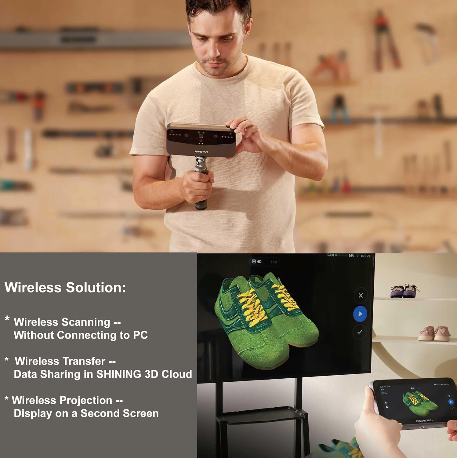 اسکنر سه بعدی Einstar Vega به همراه پایه و نشانگر کمکی، طراحی یکپارچه بی سیم، تکنولوژی پروژکتور VCSEL/MEMS، اسکن سه بعدی روان از اشیاء کوچک و بزرگ، پردازنده قدرتمند 8 هسته ای اسکنر سه بعدی Einstar Vega به همراه پایه و نشانگر کمکی، طراحی یکپارچه بی سیم، تکنولوژی پروژکتور VCSEL/MEMS، اسکن سه بعدی روان از اشیاء کوچک و بزرگ، پردازنده قدرتمند 8 هسته ای