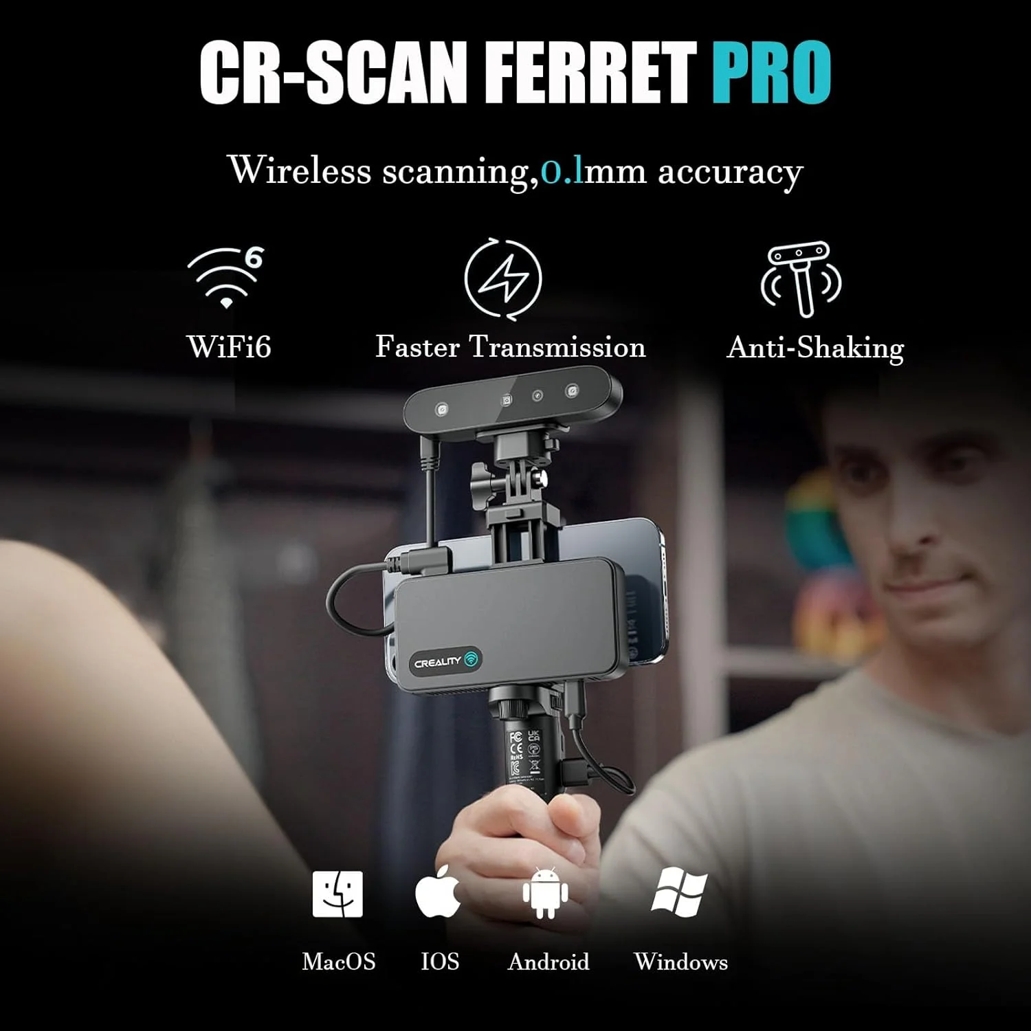اسکنر سه بعدی Creality مدل CR-Scan Ferret Pro - برای چاپ سه بعدی - اسکنر بی سیم دستی با ردیابی ضد لرزش اسکن بی سیم، اسکن 24 بیتی تمام رنگی، دقت 0.1 میلی متر برای iOS/Android PC Win 10/11