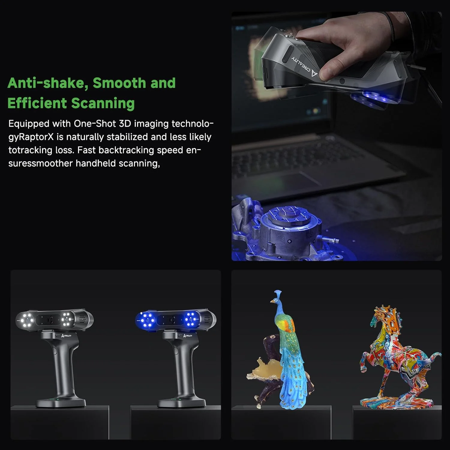 اسکنر سه بعدی Creality RaptorX، اسکنر لیزر آبی و NIR هیبریدی بی سیم برای چاپ سه بعدی، اسکنر صنعتی با دقت حجمی 0.02mm+0.06mm/m، انتقال و پردازش سریع داده از طریق WiFi 6 AX6000