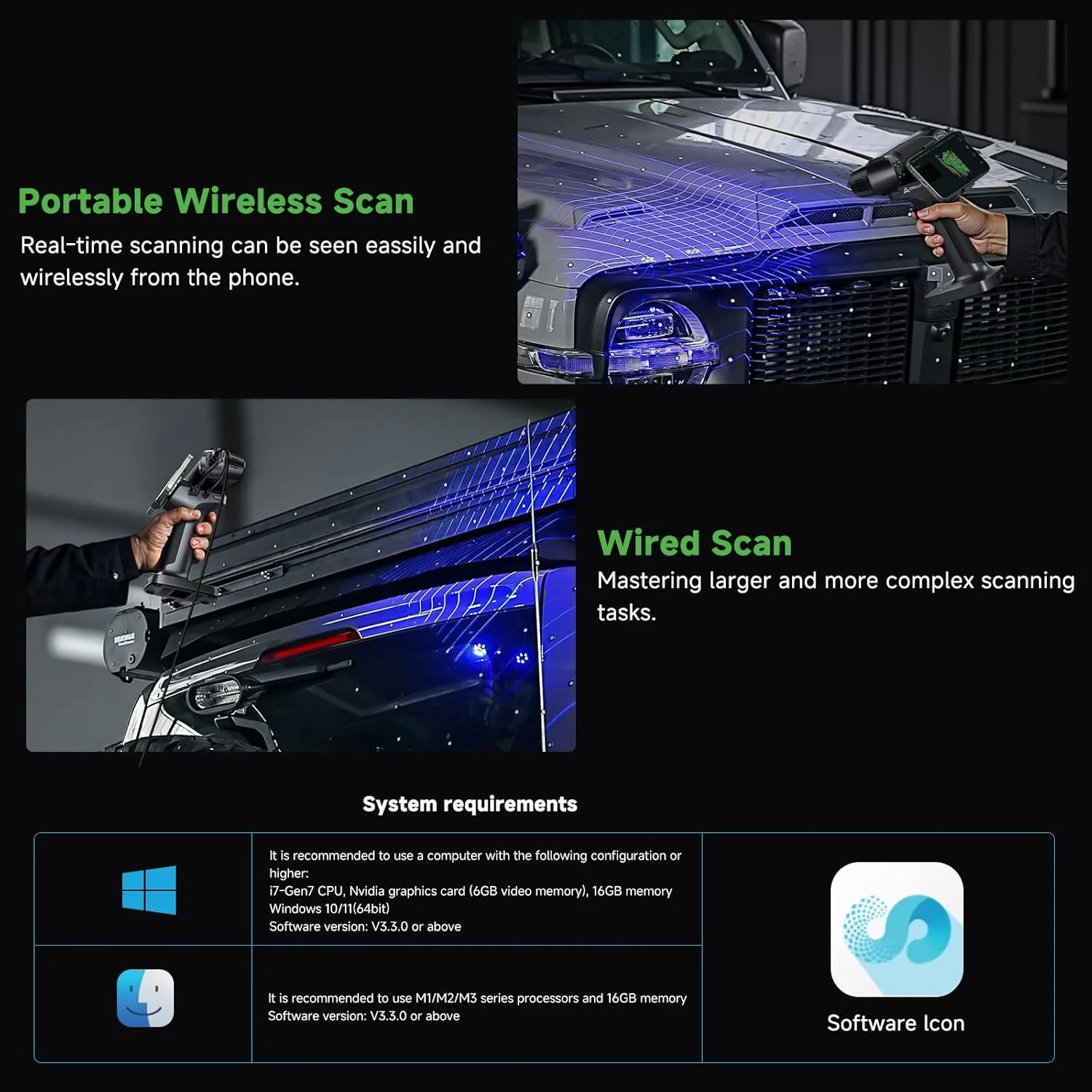 اسکنر سه بعدی Creality RaptorX، اسکنر لیزر آبی و NIR هیبریدی بی سیم برای چاپ سه بعدی، اسکنر صنعتی با دقت حجمی 0.02mm+0.06mm/m، انتقال و پردازش سریع داده از طریق WiFi 6 AX6000