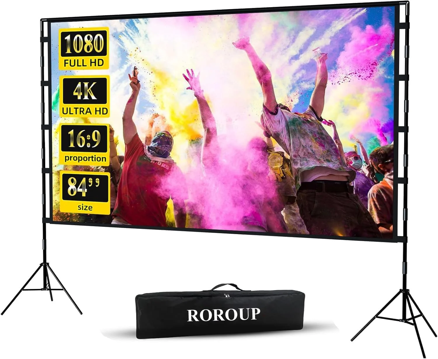 پرده نمایش و پایه، پرده نمایش قابل حمل برای داخل و خارج از منزل، نسبت تصویر 16:9، کیفیت 4K HD، بدون چروک، سبک وزن، به همراه کیف حمل برای شب های فیلم در حیاط خلوت (84 اینچ) پرده نمایش و پایه، پرده نمایش قابل حمل برای داخل و خارج از منزل، نسبت تصویر 16:9، کیفیت 4K HD، بدون چروک، سبک وزن، به همراه کیف حمل برای شب های فیلم در حیاط خلوت (84 اینچ)