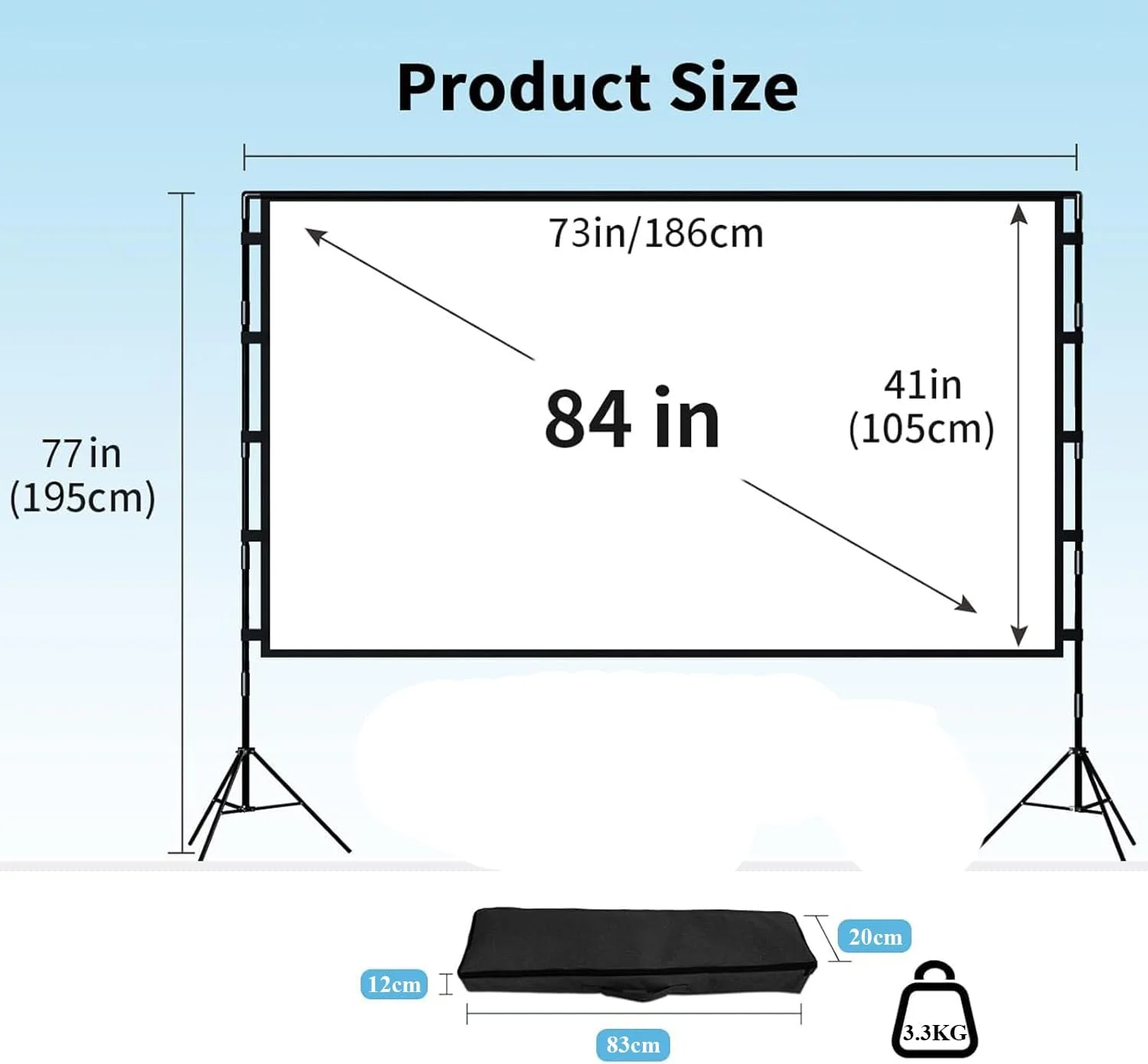 پرده نمایش و پایه، پرده نمایش قابل حمل برای داخل و خارج از منزل، نسبت تصویر 16:9، کیفیت 4K HD، بدون چروک، سبک وزن، به همراه کیف حمل برای شب های فیلم در حیاط خلوت (84 اینچ)