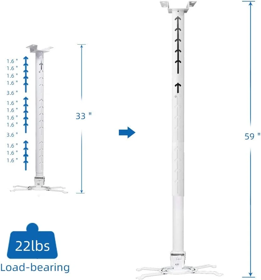 پایه سقفی پروژکتور یونیورسال با حرکت کامل و ارتفاع قابل تنظیم 84 تا 150 سانتی متر، حداکثر وزن 10 کیلوگرم و بازوهای قابل افزایش، قابلیت چرخش و شیب برای پروژکتورهای خانگی و اداری پایه سقفی پروژکتور یونیورسال با حرکت کامل و ارتفاع قابل تنظیم 84 تا 150 سانتی متر، حداکثر وزن 10 کیلوگرم و بازوهای قابل افزایش، قابلیت چرخش و شیب برای پروژکتورهای خانگی و اداری