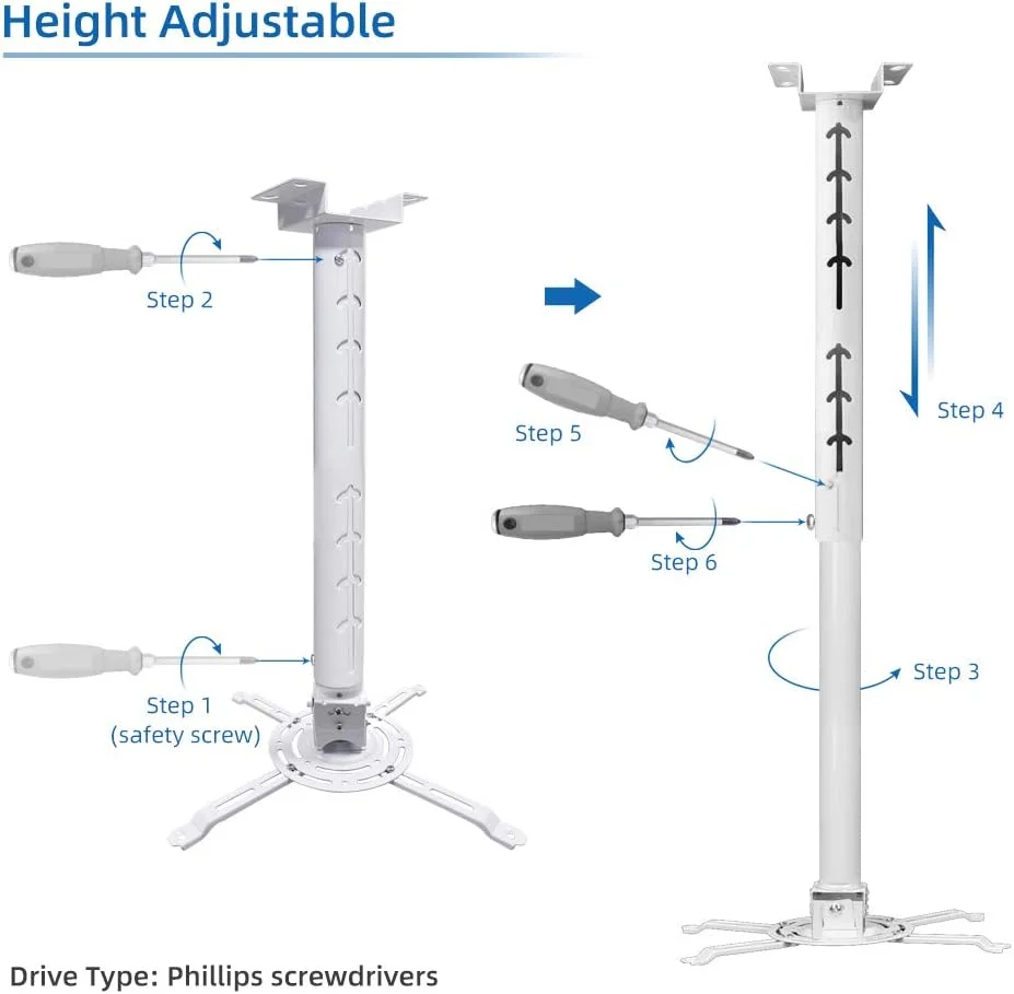 پایه سقفی پروژکتور یونیورسال با حرکت کامل و ارتفاع قابل تنظیم 84 تا 150 سانتی متر، حداکثر وزن 10 کیلوگرم و بازوهای قابل افزایش، قابلیت چرخش و شیب برای پروژکتورهای خانگی و اداری پایه سقفی پروژکتور یونیورسال با حرکت کامل و ارتفاع قابل تنظیم 84 تا 150 سانتی متر، حداکثر وزن 10 کیلوگرم و بازوهای قابل افزایش، قابلیت چرخش و شیب برای پروژکتورهای خانگی و اداری