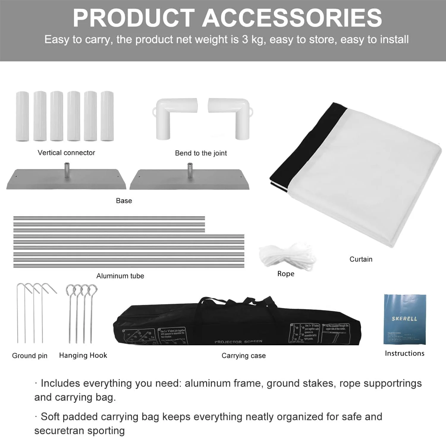 پرده نمایش پروژکتور SKERELL با پایه 100 اینچی، پرده نمایش قابل حمل 16:9 4K HD برای نمایش فیلم های جلو و عقب با کیف حمل برای سینمای خانگی داخلی و خارجی، حیاط خلوت و مسافرت پرده نمایش پروژکتور SKERELL با پایه 100 اینچی، پرده نمایش قابل حمل 16:9 4K HD برای نمایش فیلم های جلو و عقب با کیف حمل برای سینمای خانگی داخلی و خارجی، حیاط خلوت و مسافرت