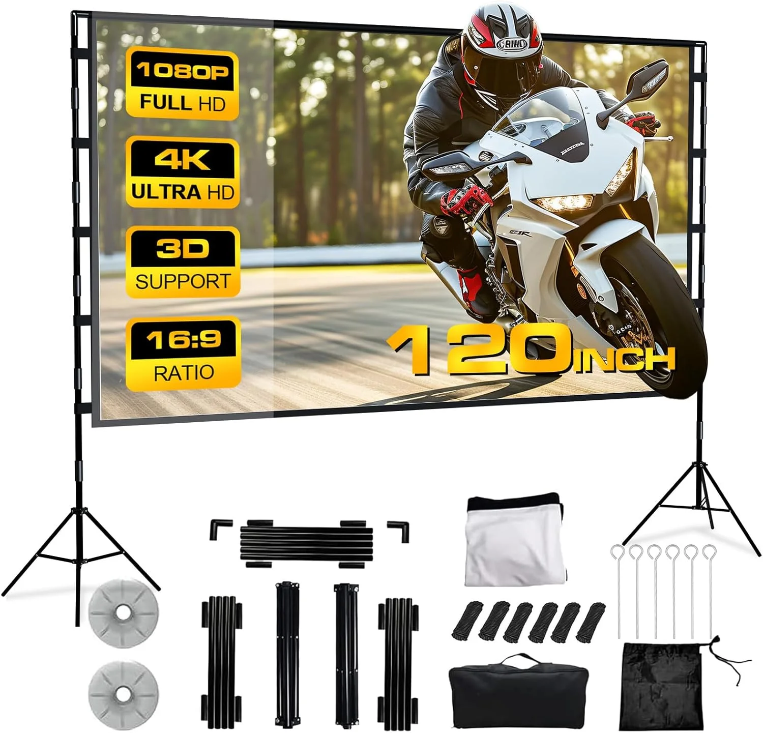 پرده نمایش پروژکتور با پایه 120 اینچی، قابل حمل، تاشو، ضد چروک، مناسب فیلم های 4K HD 16:9 برای سینمای خانگی، تئاتر در فضای باز به همراه کیف حمل