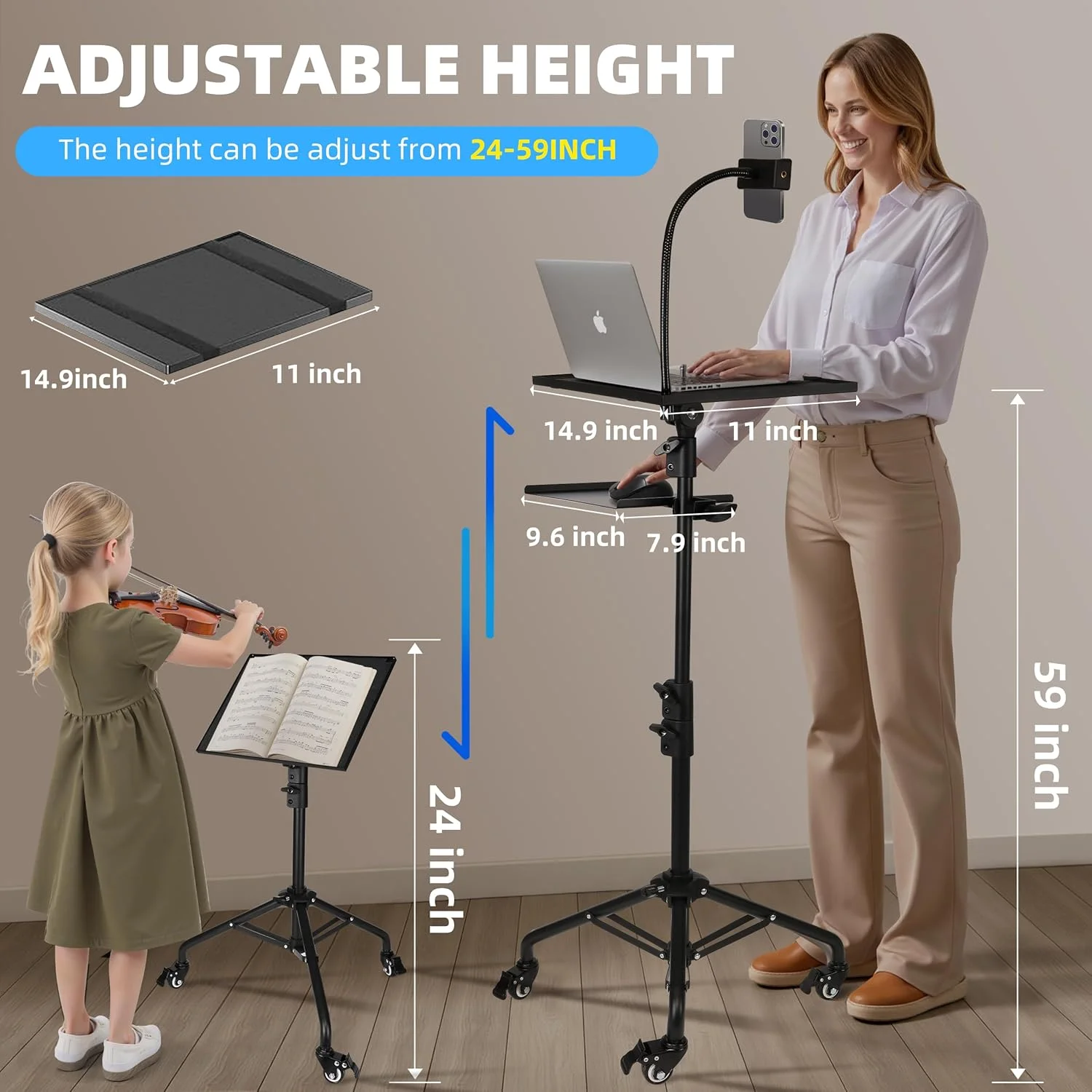 پایه پروژکتور STEADUS - ارتفاع قابل تنظیم 61 تا 150 سانتی متر - پایه سه پایه لپ تاپ با دو قفسه، چرخ های متحرک و نگهدارنده تلفن، پایه لپ تاپ قابل حمل برای دفتر، استیج و استفاده در فضای باز پایه پروژکتور STEADUS - ارتفاع قابل تنظیم 61 تا 150 سانتی متر - پایه سه پایه لپ تاپ با دو قفسه، چرخ های متحرک و نگهدارنده تلفن، پایه لپ تاپ قابل حمل برای دفتر، استیج و استفاده در فضای باز