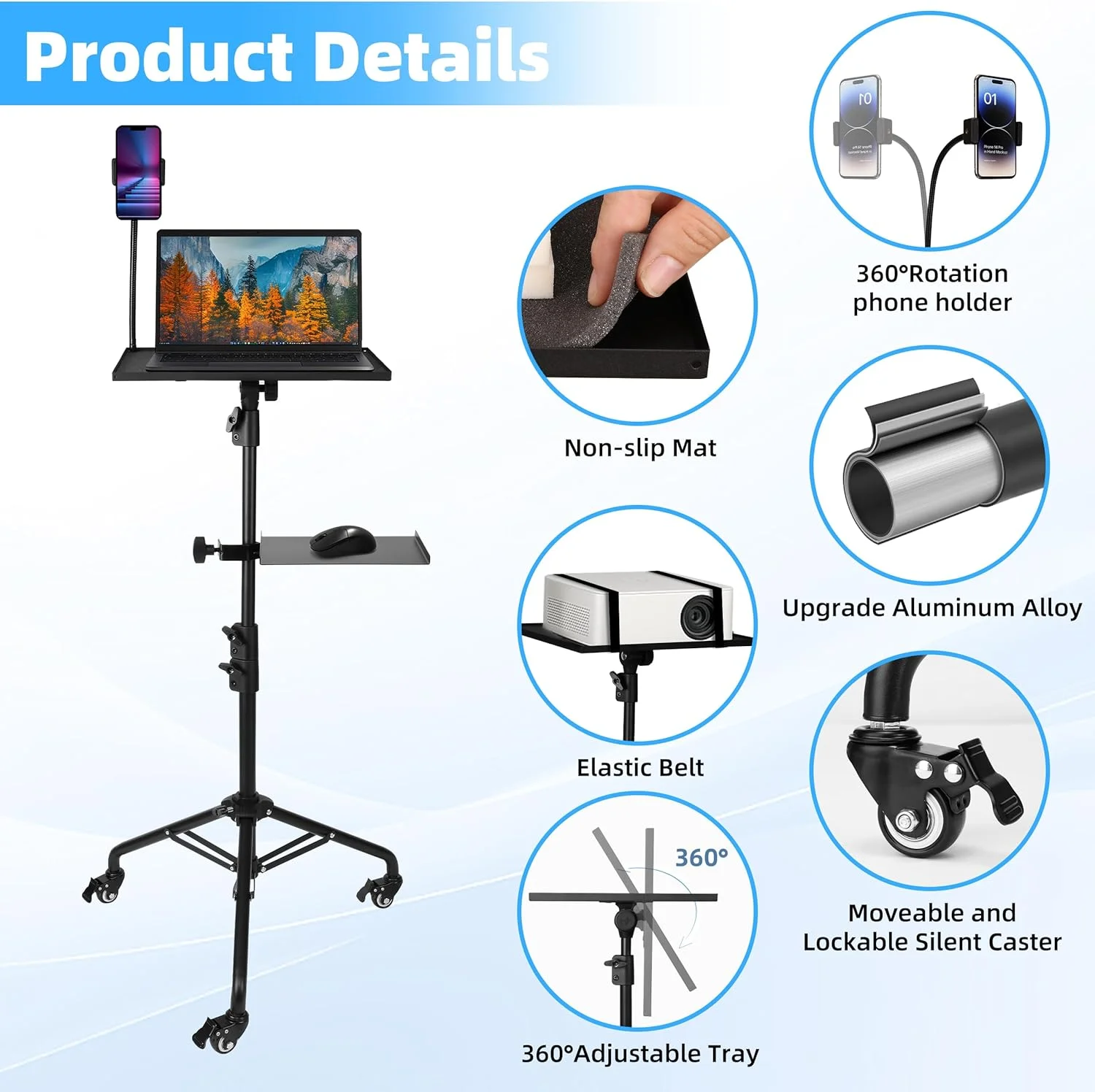 پایه پروژکتور STEADUS - ارتفاع قابل تنظیم 61 تا 150 سانتی متر - پایه سه پایه لپ تاپ با دو قفسه، چرخ های متحرک و نگهدارنده تلفن، پایه لپ تاپ قابل حمل برای دفتر، استیج و استفاده در فضای باز پایه پروژکتور STEADUS - ارتفاع قابل تنظیم 61 تا 150 سانتی متر - پایه سه پایه لپ تاپ با دو قفسه، چرخ های متحرک و نگهدارنده تلفن، پایه لپ تاپ قابل حمل برای دفتر، استیج و استفاده در فضای باز