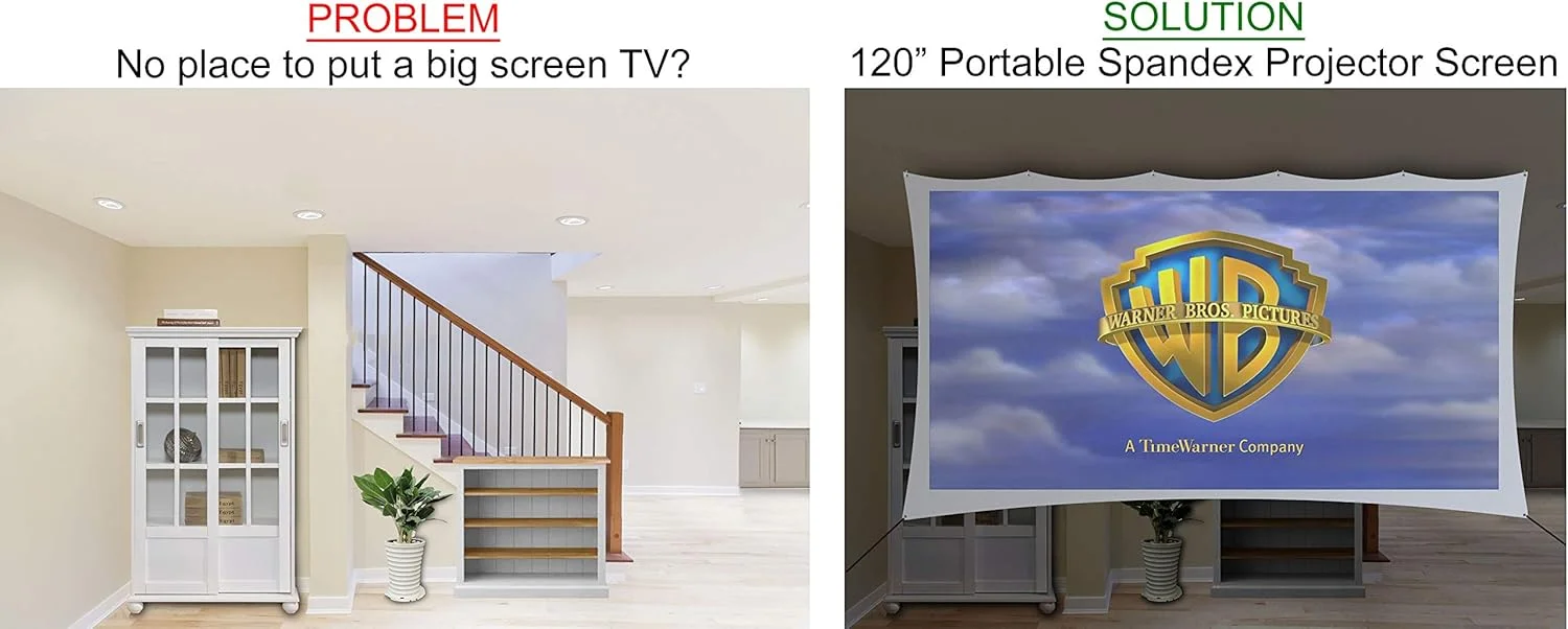 پرده نمایش پروژکتور اسپندکس قابل حمل StretchScreenUSA با ابعاد 120 اینچ. کیت کامل شامل پارچه کشسان 5 در 9 فوت و سخت افزار برای استفاده در فضای داخلی یا خارجی حیاط خلوت برای تماشای فیلم. 3D DL