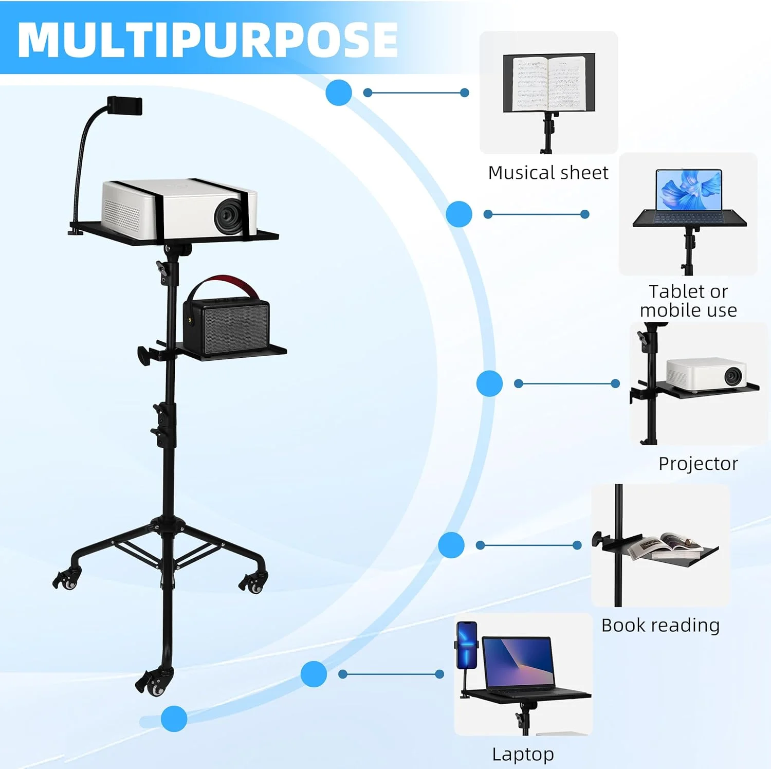 پایه پروژکتور STEADUS - ارتفاع قابل تنظیم 61 تا 150 سانتی متر - پایه سه پایه لپ تاپ با دو قفسه، چرخ های متحرک و نگهدارنده تلفن، پایه لپ تاپ قابل حمل برای دفتر، استیج و استفاده در فضای باز پایه پروژکتور STEADUS - ارتفاع قابل تنظیم 61 تا 150 سانتی متر - پایه سه پایه لپ تاپ با دو قفسه، چرخ های متحرک و نگهدارنده تلفن، پایه لپ تاپ قابل حمل برای دفتر، استیج و استفاده در فضای باز