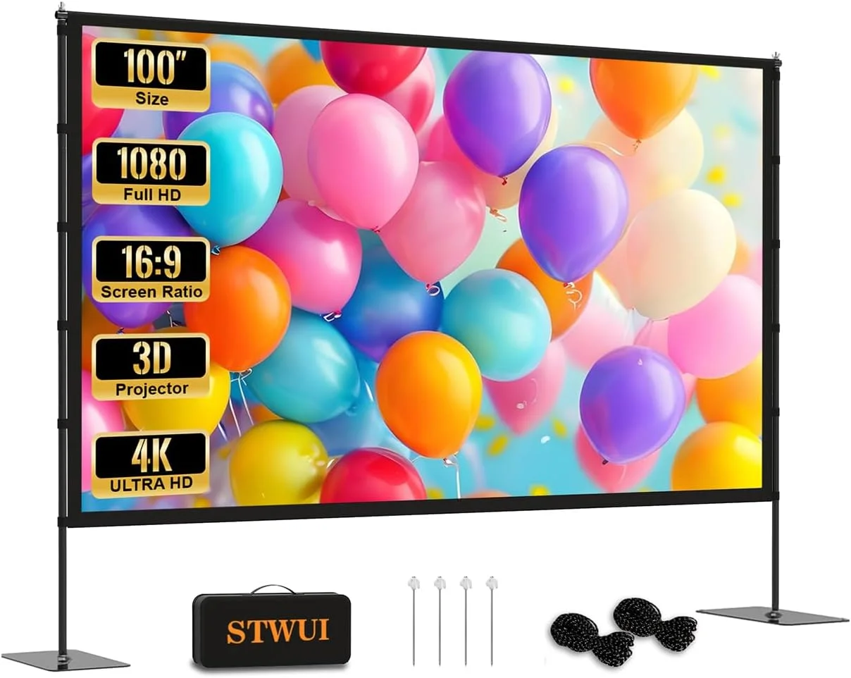 پرده نمایش پروژکتور STWUI با پایه - پرده نمایش 100 اینچی قابل حمل برای فضای باز، نسبت تصویر 16:9، کیفیت 4K HD، به همراه کیف حمل، مناسب برای لذت بردن از سینمای خانگی پرده نمایش پروژکتور STWUI با پایه - پرده نمایش 100 اینچی قابل حمل برای فضای باز، نسبت تصویر 16:9، کیفیت 4K HD، به همراه کیف حمل، مناسب برای لذت بردن از سینمای خانگی