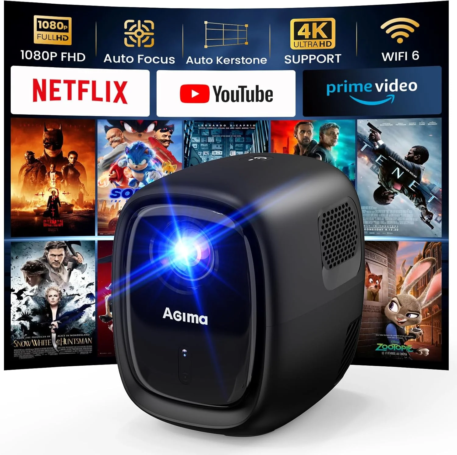 پروژکتور مینی با فوکوس خودکار هوش مصنوعی، وای فای 6 و بلوتوث 5.2، تصحیح خودکار، پشتیبانی از 1080P و 4K، سیستم عامل اندروید تی وی، بلندگوهای داخلی با کیفیت بالا، پروژکتور قابل حمل مناسب منزل و فضای باز، مشکی