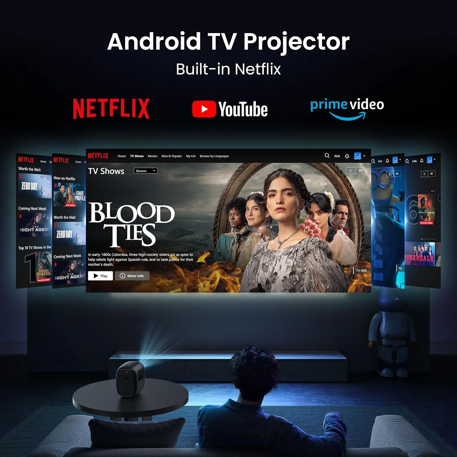 پروژکتور مینی با فوکوس خودکار هوش مصنوعی، وای فای 6 و بلوتوث 5.2، تصحیح خودکار، پشتیبانی از 1080P و 4K، سیستم عامل اندروید تی وی، بلندگوهای داخلی با کیفیت بالا، پروژکتور قابل حمل مناسب منزل و فضای باز، مشکی