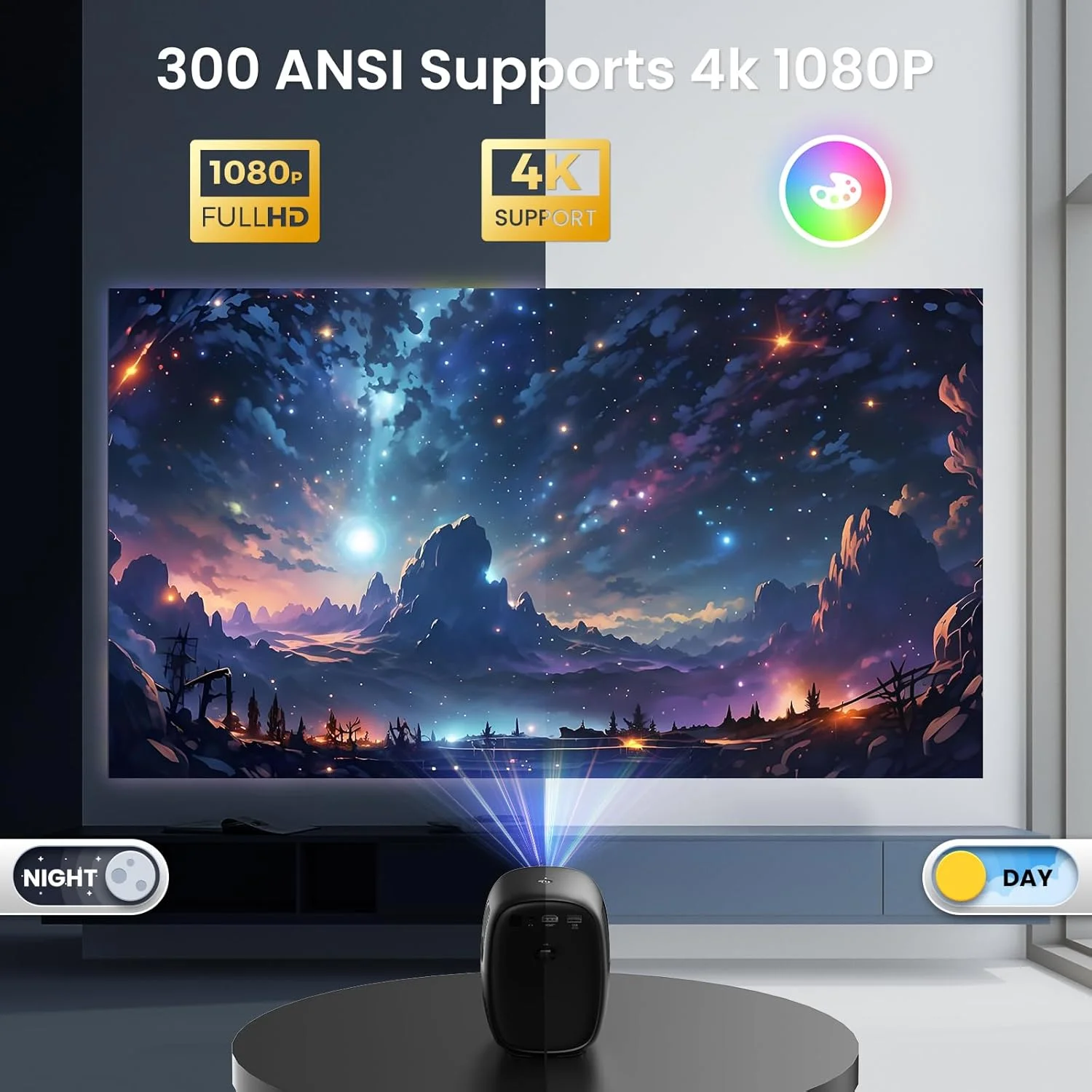 پروژکتور مینی با فوکوس خودکار هوش مصنوعی، وای فای 6 و بلوتوث 5.2، تصحیح خودکار، پشتیبانی از 1080P و 4K، سیستم عامل اندروید تی وی، بلندگوهای داخلی با کیفیت بالا، پروژکتور قابل حمل مناسب منزل و فضای باز، مشکی