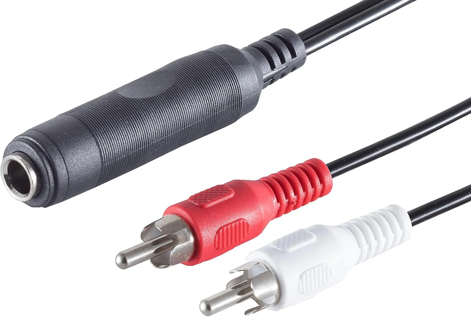 1aTTack.de 5 عدد کابل آداپتور 0.2 متری - جک استریو 6.3 میلی متری به 2 RCA نر، با روکش مشکی، دوشاخه های قالب گیری شده، اتصالات با روکش نیکل، ایده آل برای اتصالات صوتی و تصویری