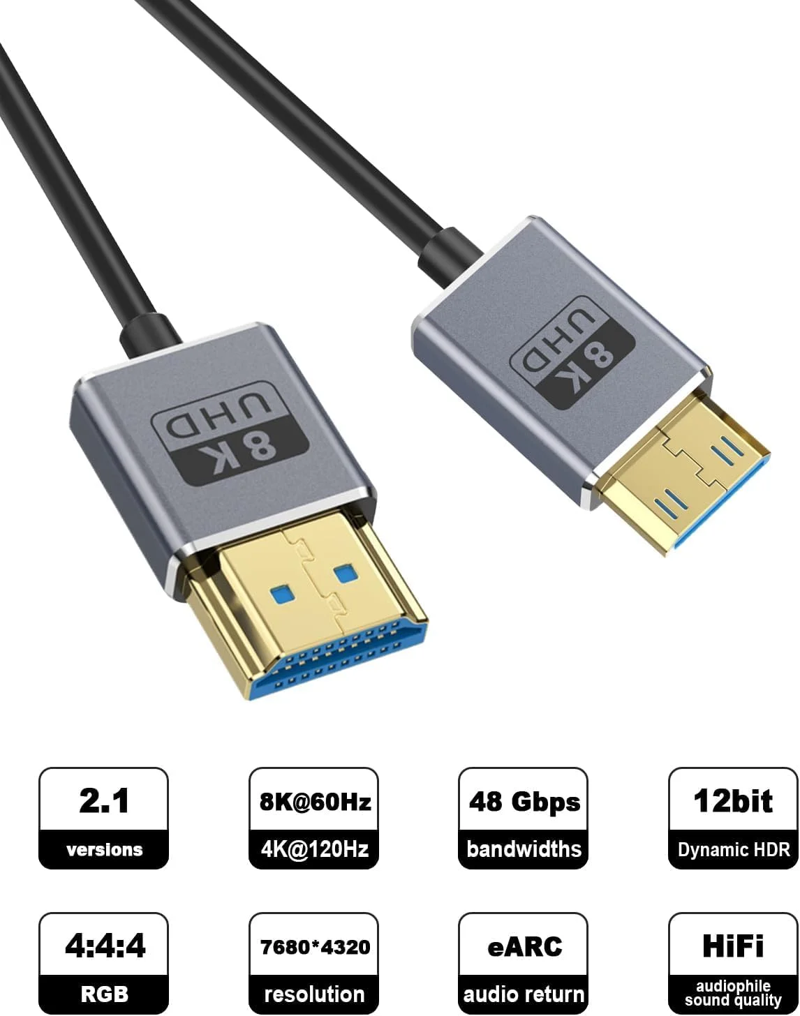 کابل مینی HDMI به HDMI 8K - آداپتور فوق العاده نازک 48 گیگابیت بر ثانیه (1.2 متر)، پشتیبانی از HDR 8K@60Hz و 4K@240Hz، OD2.5mm باریک برای لپ تاپ/تبلت/پروژکتور (خاکستری فضایی) کابل مینی HDMI به HDMI 8K - آداپتور فوق العاده نازک 48 گیگابیت بر ثانیه (1.2 متر)، پشتیبانی از HDR 8K@60Hz و 4K@240Hz، OD2.5mm باریک برای لپ تاپ/تبلت/پروژکتور (خاکستری فضایی)