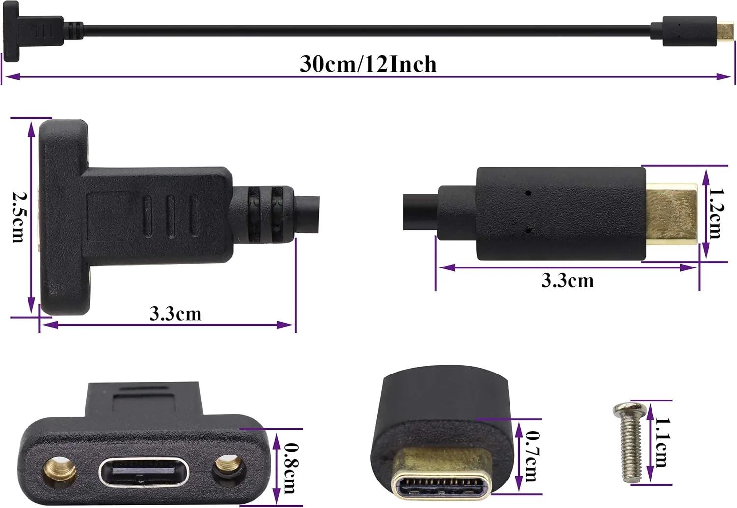 کابل آداپتور نصب پنل USB Type C 3.1 AAOTOKK، کابل پیچ نصب پنل USB-C 3.1 Gen2 10Gbps نر به ماده USB C، پشتیبانی از شارژ، داده، صدا، کابل ویدئو برای لپ تاپ، تبلت، تلفن همراه (0.3M/1ft)