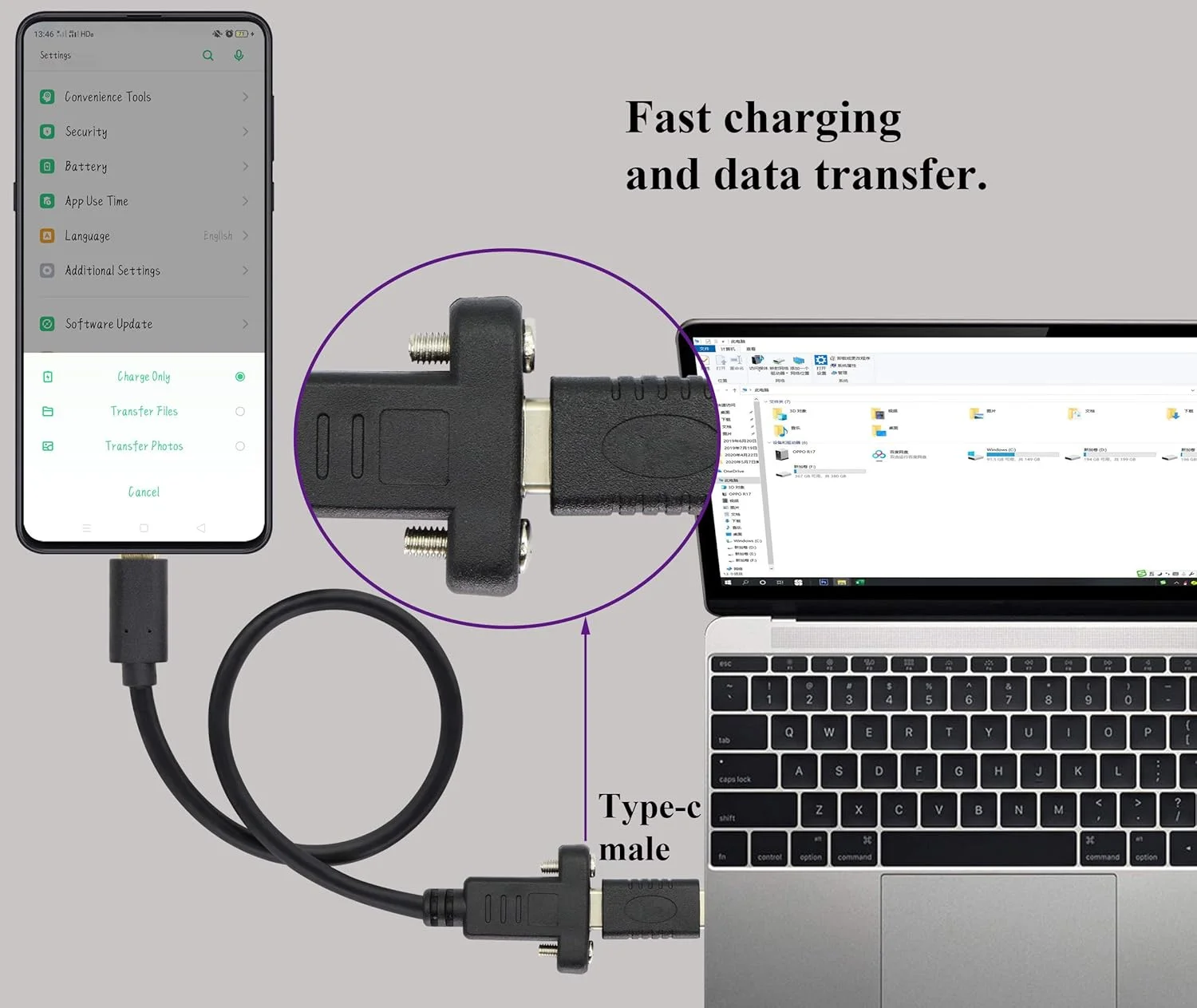 کابل آداپتور نصب پنل USB Type C 3.1 AAOTOKK، کابل پیچ نصب پنل USB-C 3.1 Gen2 10Gbps نر به ماده USB C، پشتیبانی از شارژ، داده، صدا، کابل ویدئو برای لپ تاپ، تبلت، تلفن همراه (0.3M/1ft)