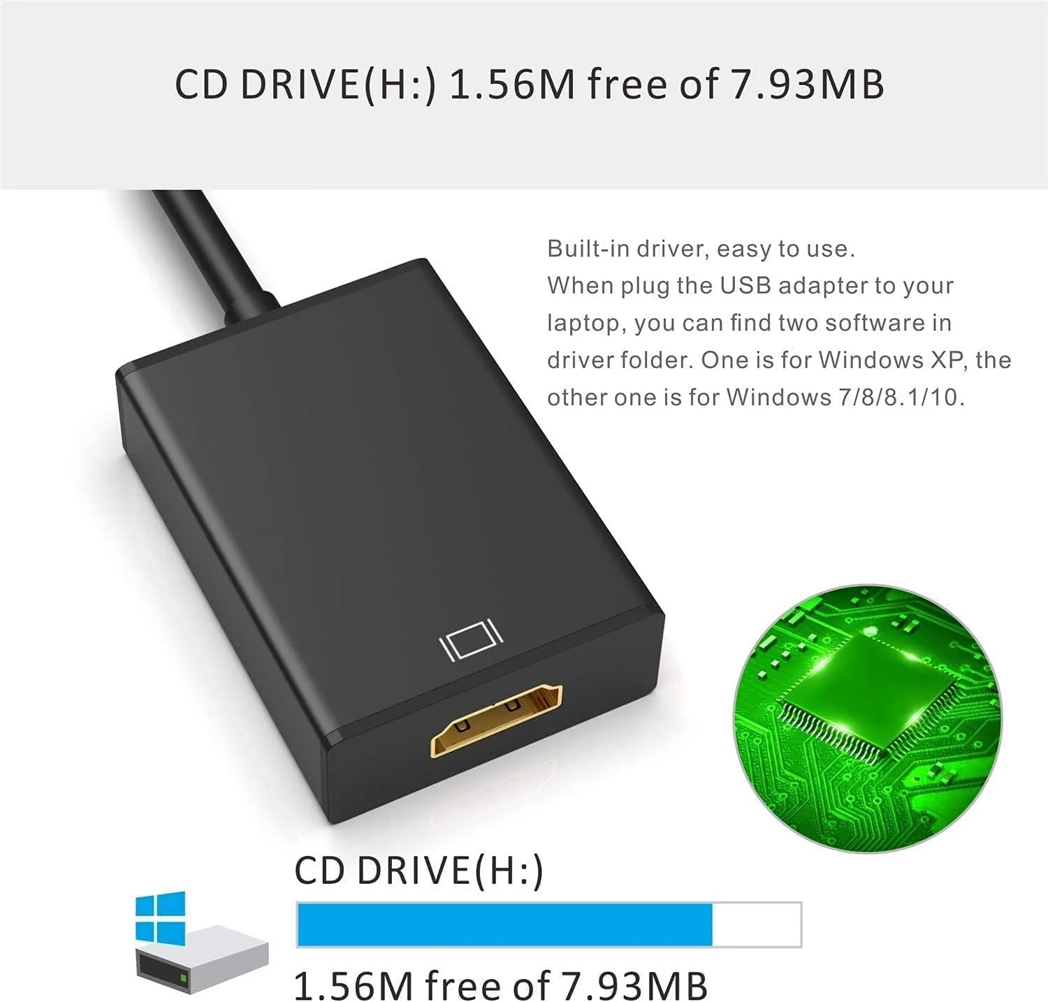 تبدیل USB به HDMI، مبدل کابل گرافیک ویدیو USB 3.0/2.0 به HDMI 1080p با صدا برای کامپیوتر، لپ تاپ و پروژکتور
