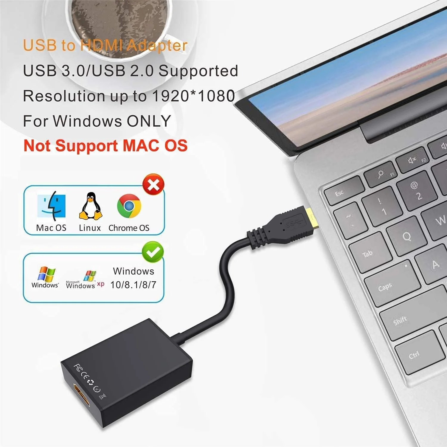 تبدیل USB به HDMI، مبدل کابل گرافیک ویدیو USB 3.0/2.0 به HDMI 1080p با صدا برای کامپیوتر، لپ تاپ و پروژکتور